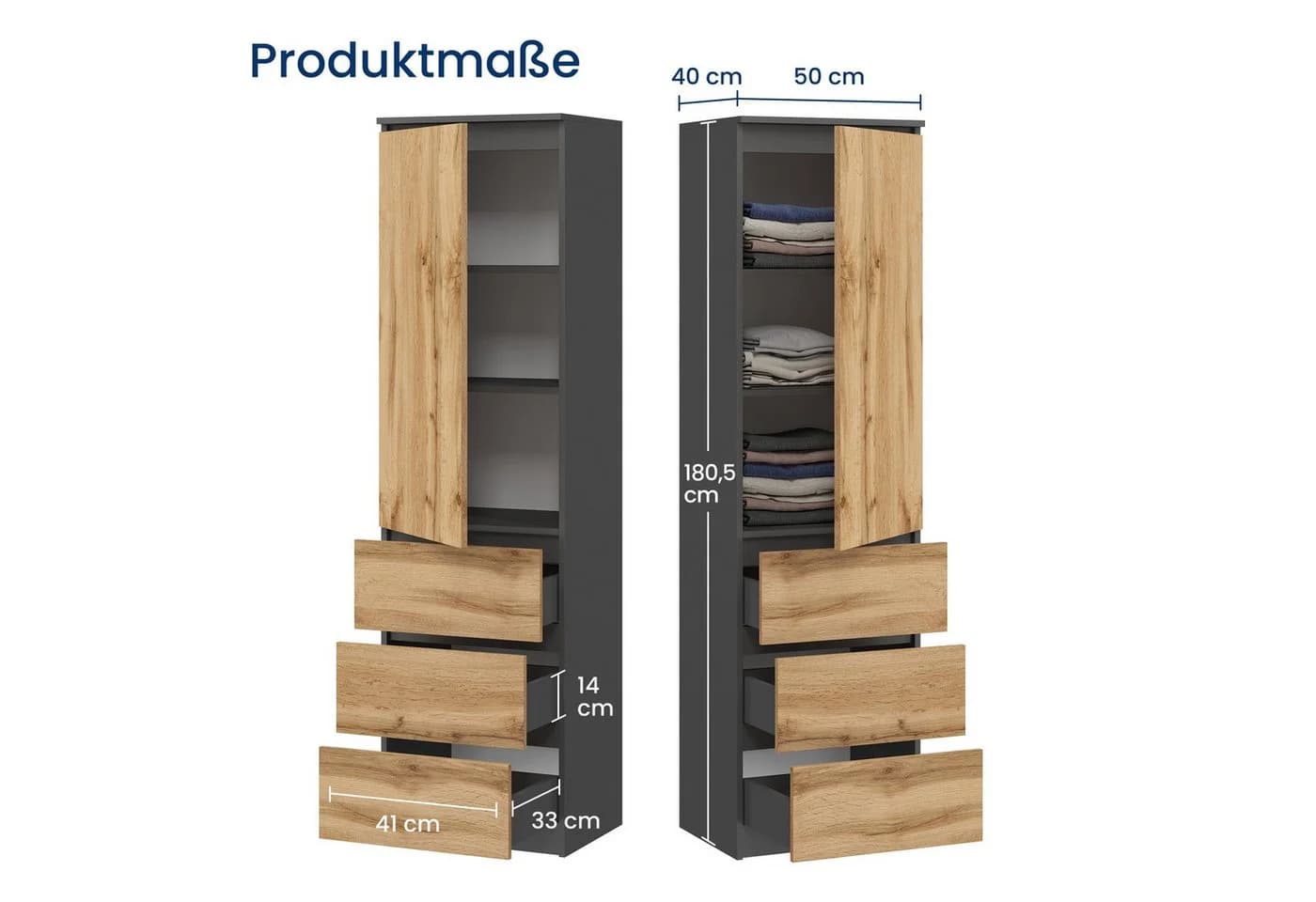 Home Collective Kleiderschrank Anthrazit-Eiche 1 Tür 3 Schubladen