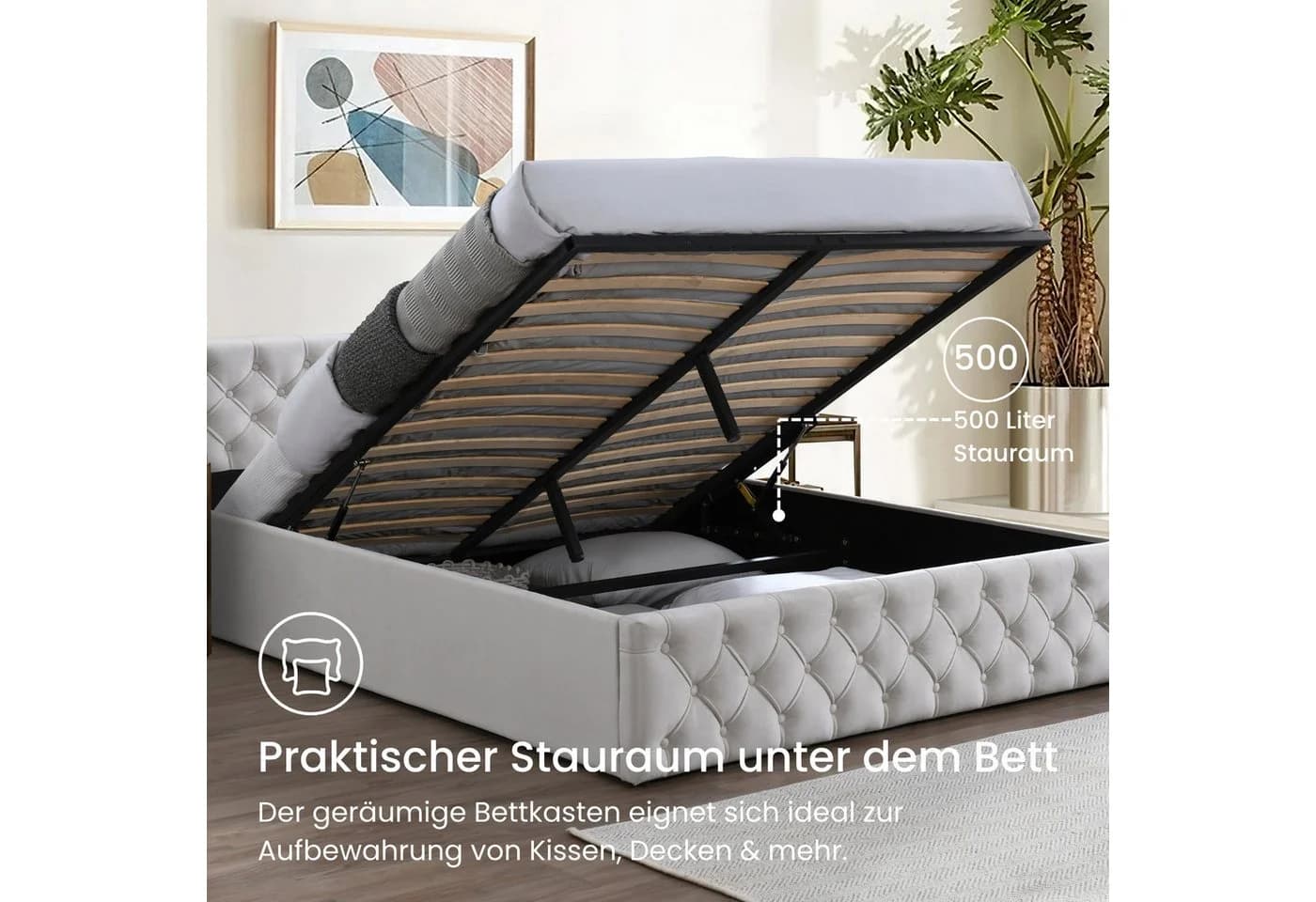 Home Collective Polsterbett Doppelbett mit Lattenrost und Stauraum Beige
