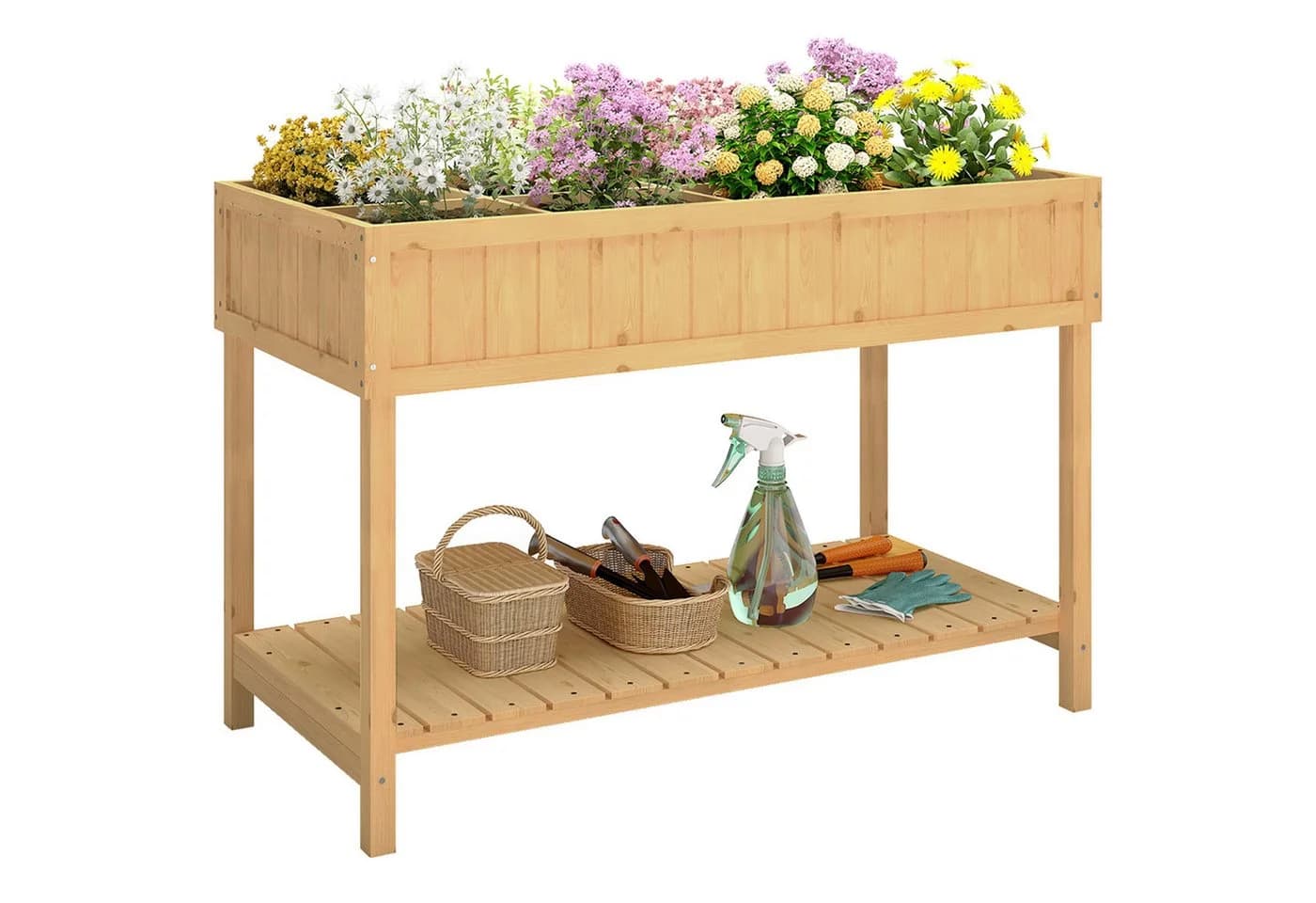 Outsunny Hochbeet 8 Fächer Tannenholz mit Abfluss und Ablage