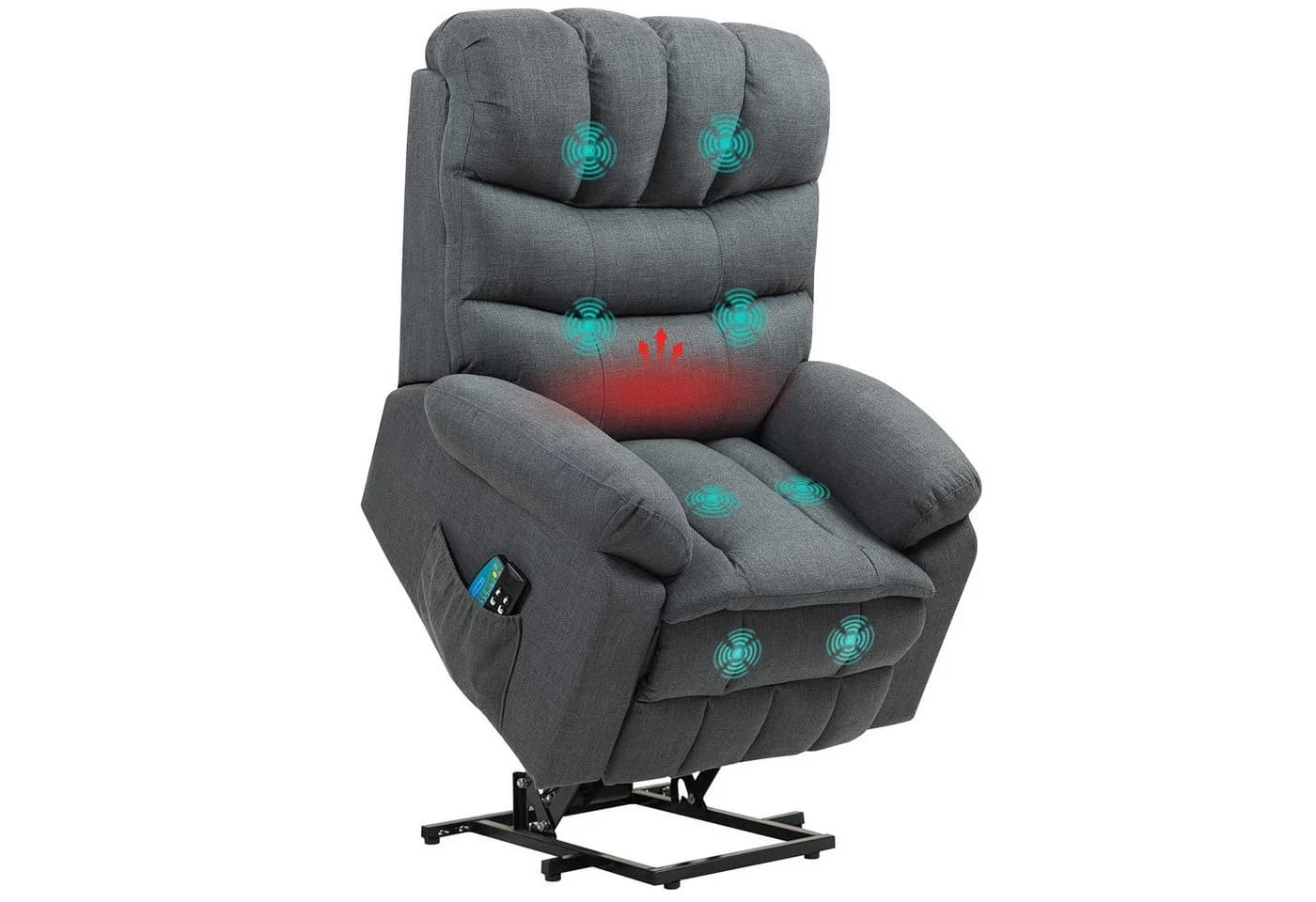 HOMCOM Relaxsessel mit Liegefunktion, Fußteil, Seitentasche, Fernbedienung, Massagesessel mit Leinenoptik, elektrisch, Fernsehsessel mit Aufstehhilfe, für Wohnzimmer, bis 150 kg, Kunstleder, Dunkelgrau