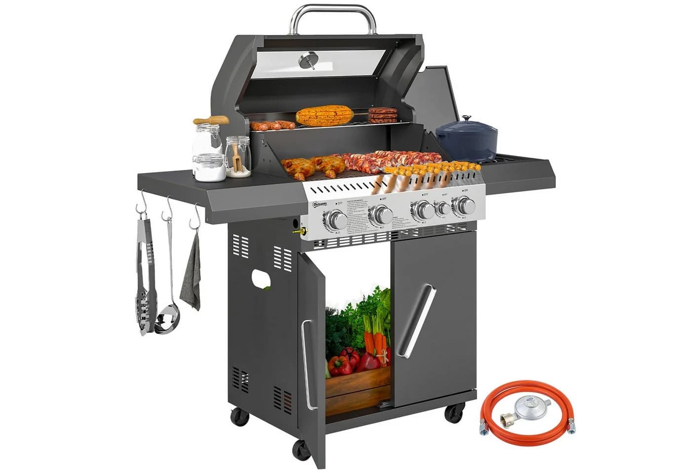 Outsunny Gasgrill 5 Brenner Schwarz mit Seitenkocher & Stauraum
