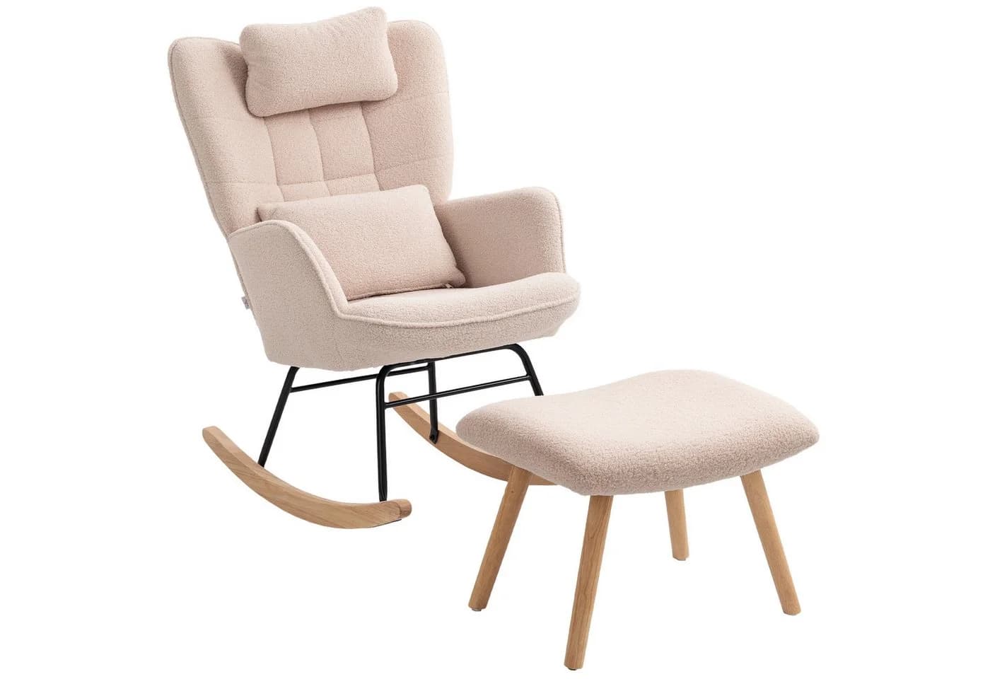 HOMCOM Schaukelsessel Gepolstert Beige mit Kissen und Fußhocker