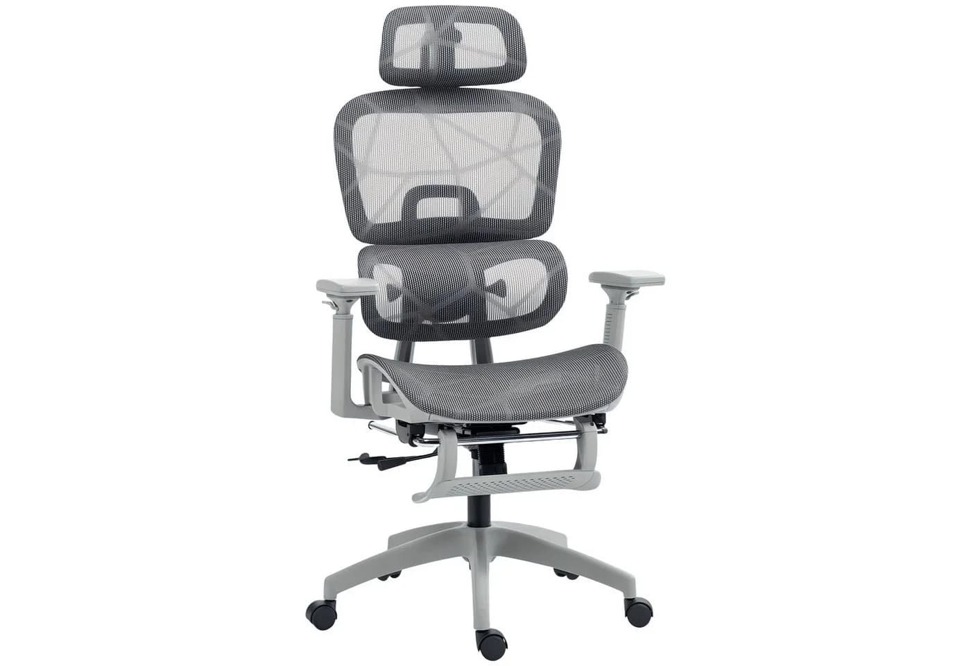 HOMCOM Bürostuhl Höhenverstellbarer Mesh Drehstuhl mit Armlehne, Kopfstütze, Grau