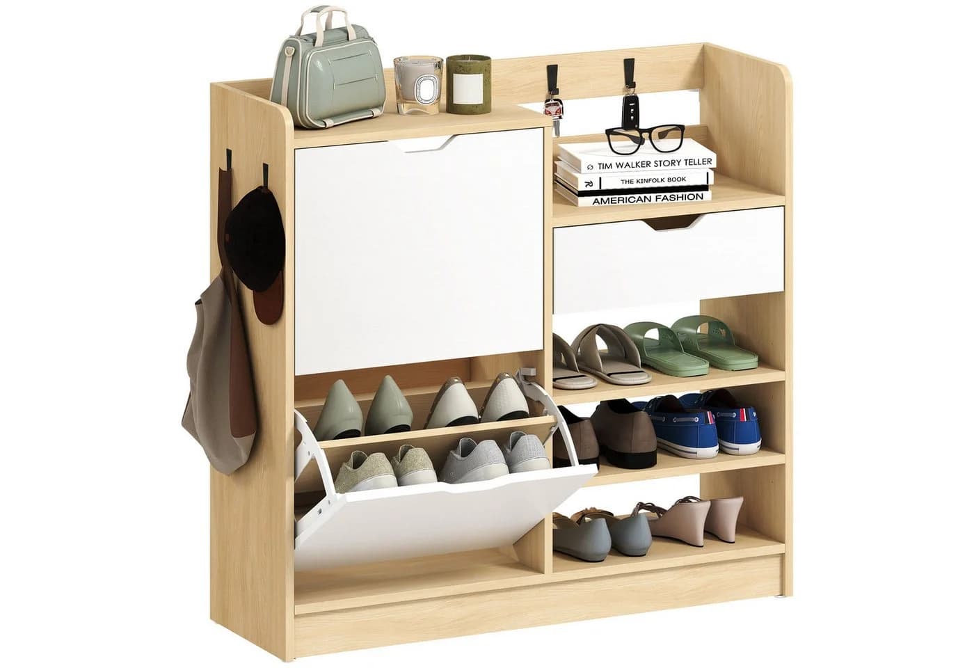 HOMCOM Schuhkipper Schmal Weiß mit Klappen und Schubladen