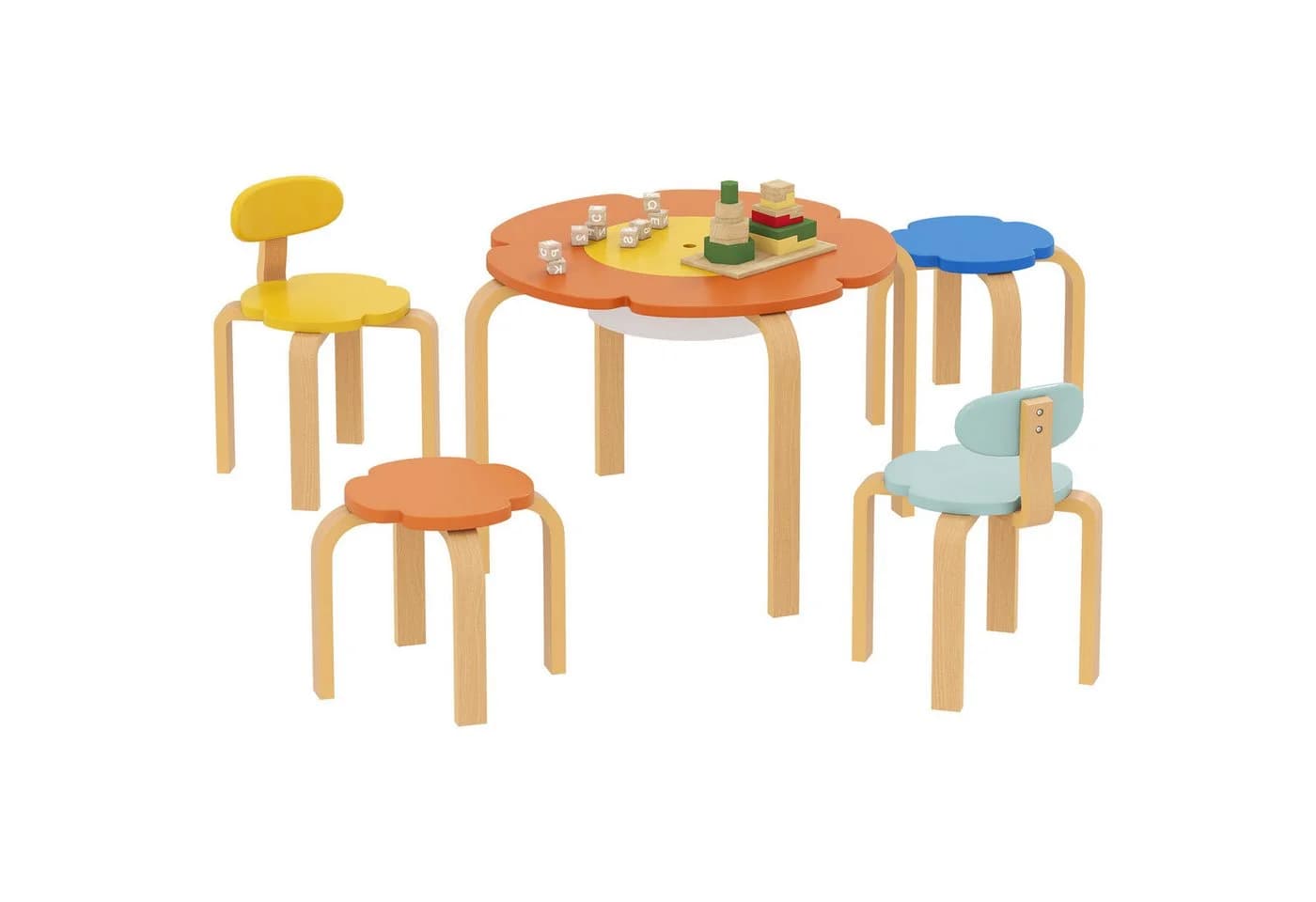 AIYAPLAY Kindersitzgruppe für Kinder von 3 bis 8 Jahren, 5-teiliges Set mit Tisch, Stühlen und Hockern, Blumenform, Mehrfarbig
