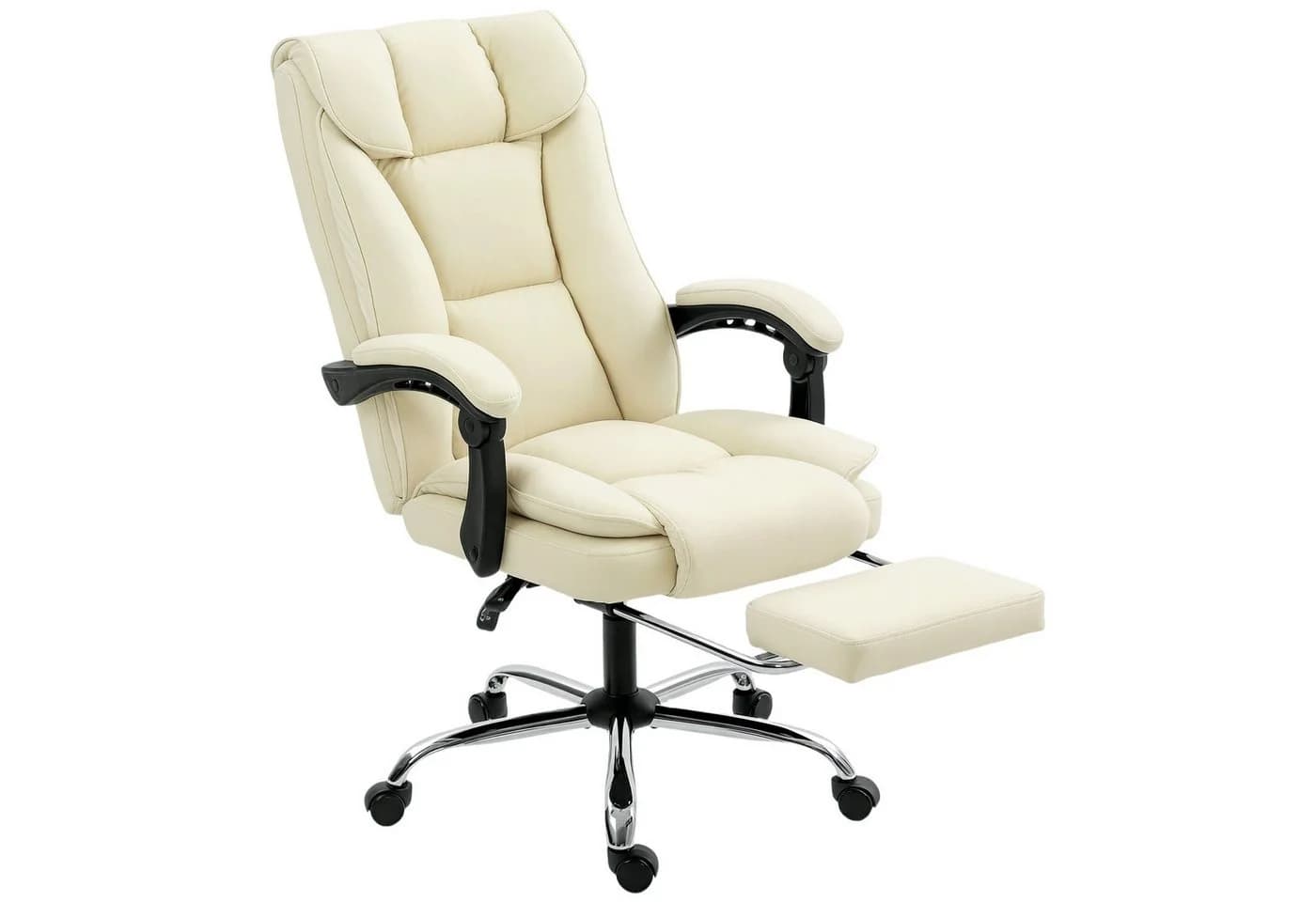 HOMCOM Schreibtischstuhl mit Fußstütze, Kunstleder-Bezug, rollbar, drehbar, Beige