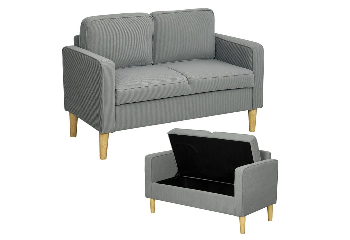 HOMCOM 2-Sitzer Polstersofa Hellgrau mit Stauraum und Cordbezug