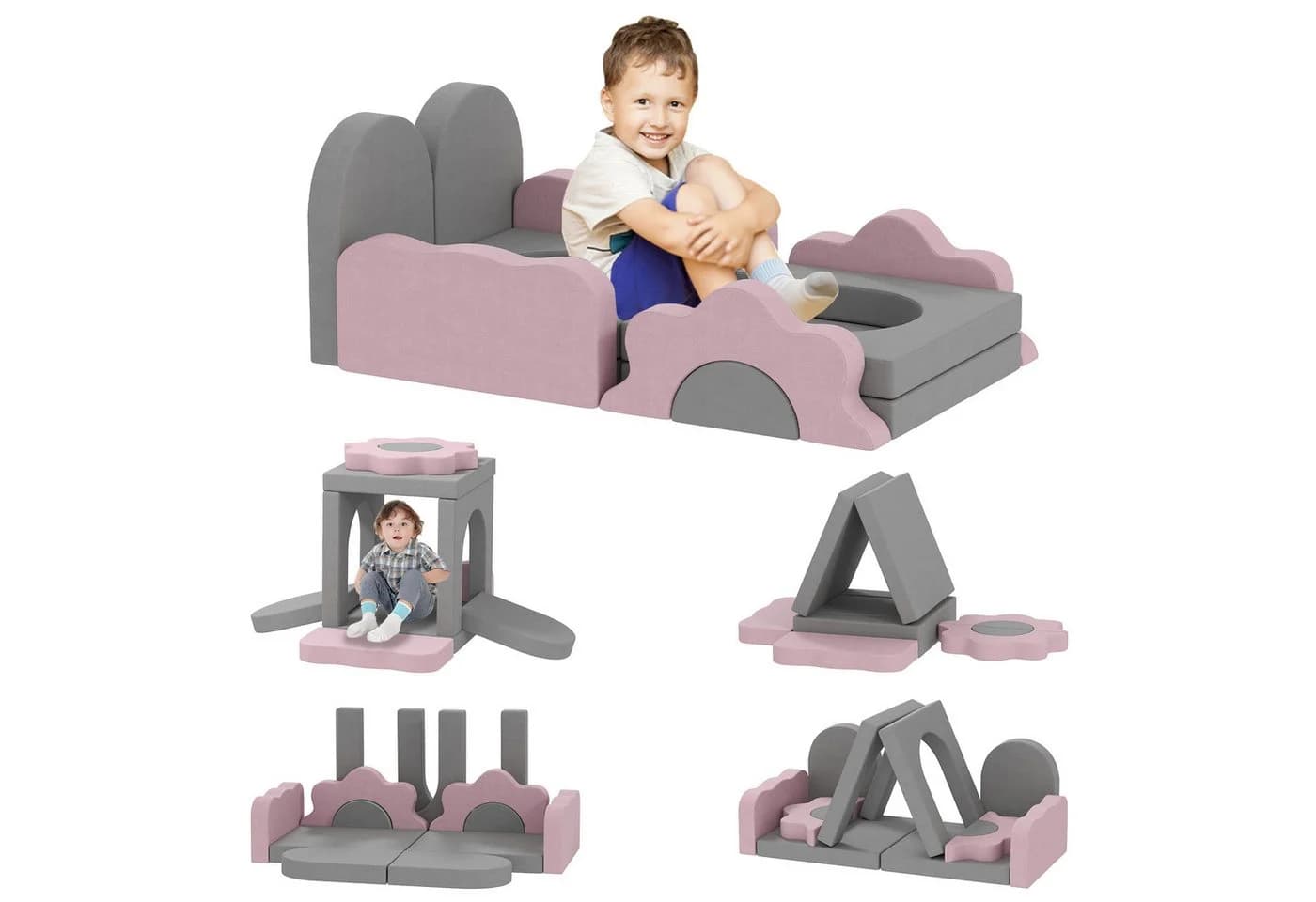 AIYAPLAY Schaumstoff Bausteine Set 12-tlg. Grau/Rosa Cordbezug