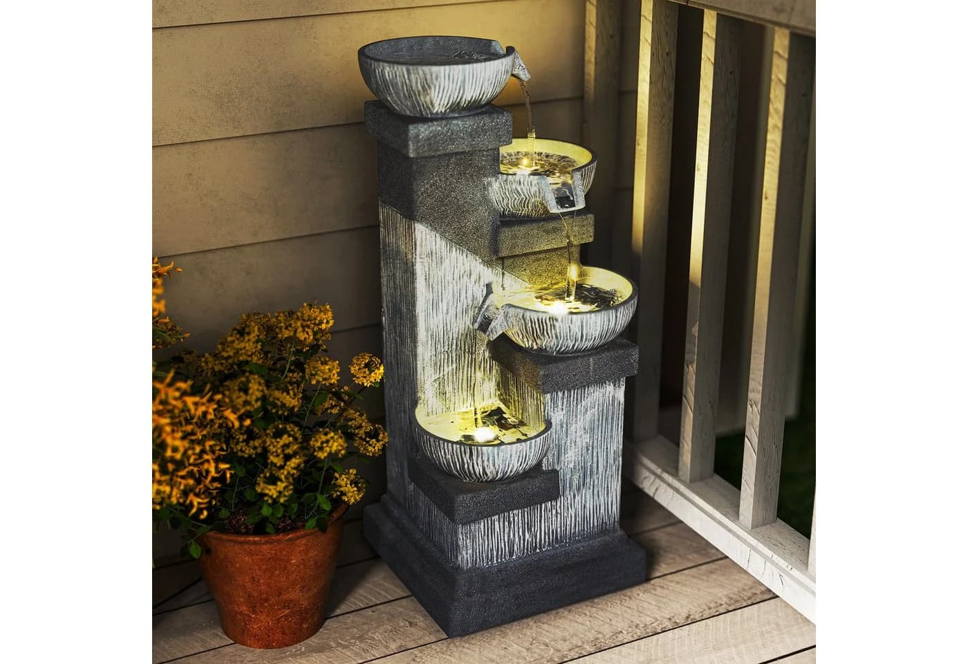 Outsunny Gartenbrunnen LED Beleuchtung Steinoptik
