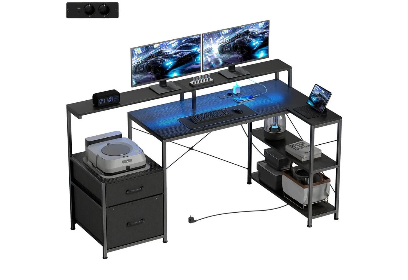 HOMCOM Gamingtisch mit LED & Steckdosen, Doppelmonitorständer, Schwarz