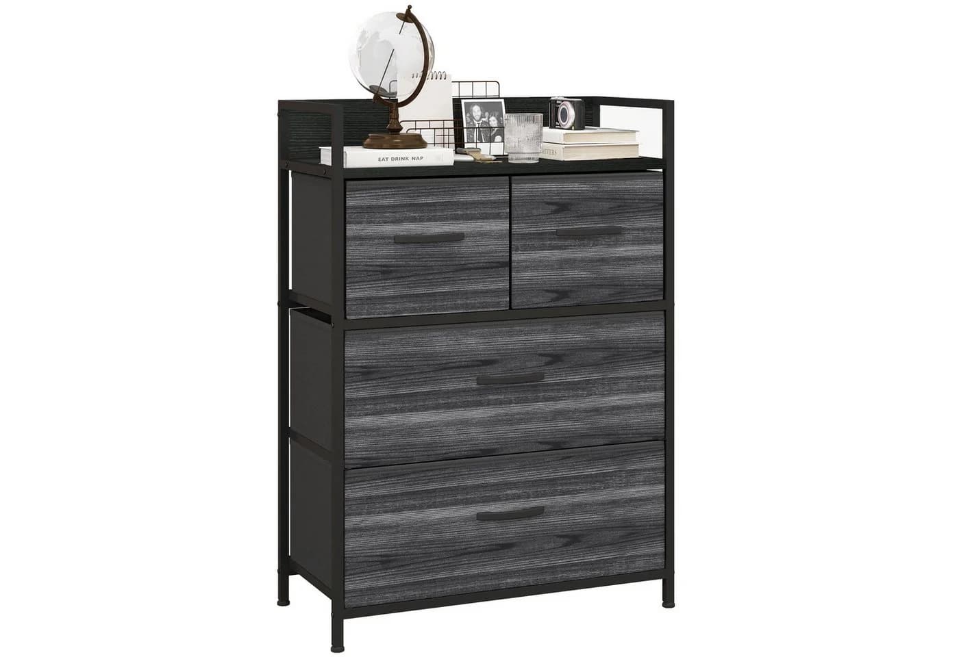 HOMCOM Kommode 4 Stoffschubladen Schwarz Metallrahmen