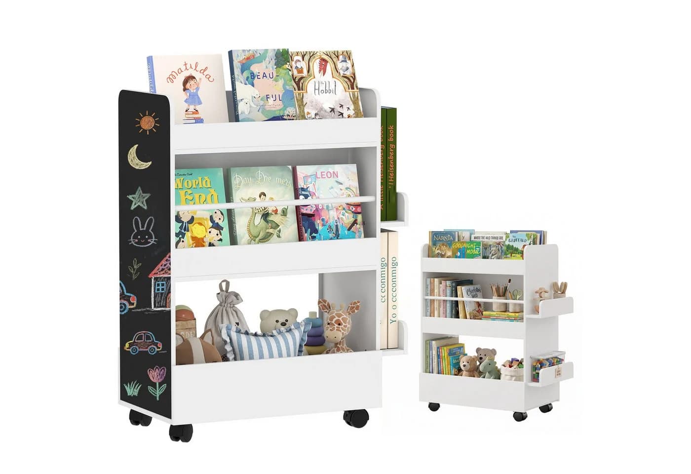 AIYAPLAY Kinderregal doppelseitig 4 Regale Bücher Tafel Rollen