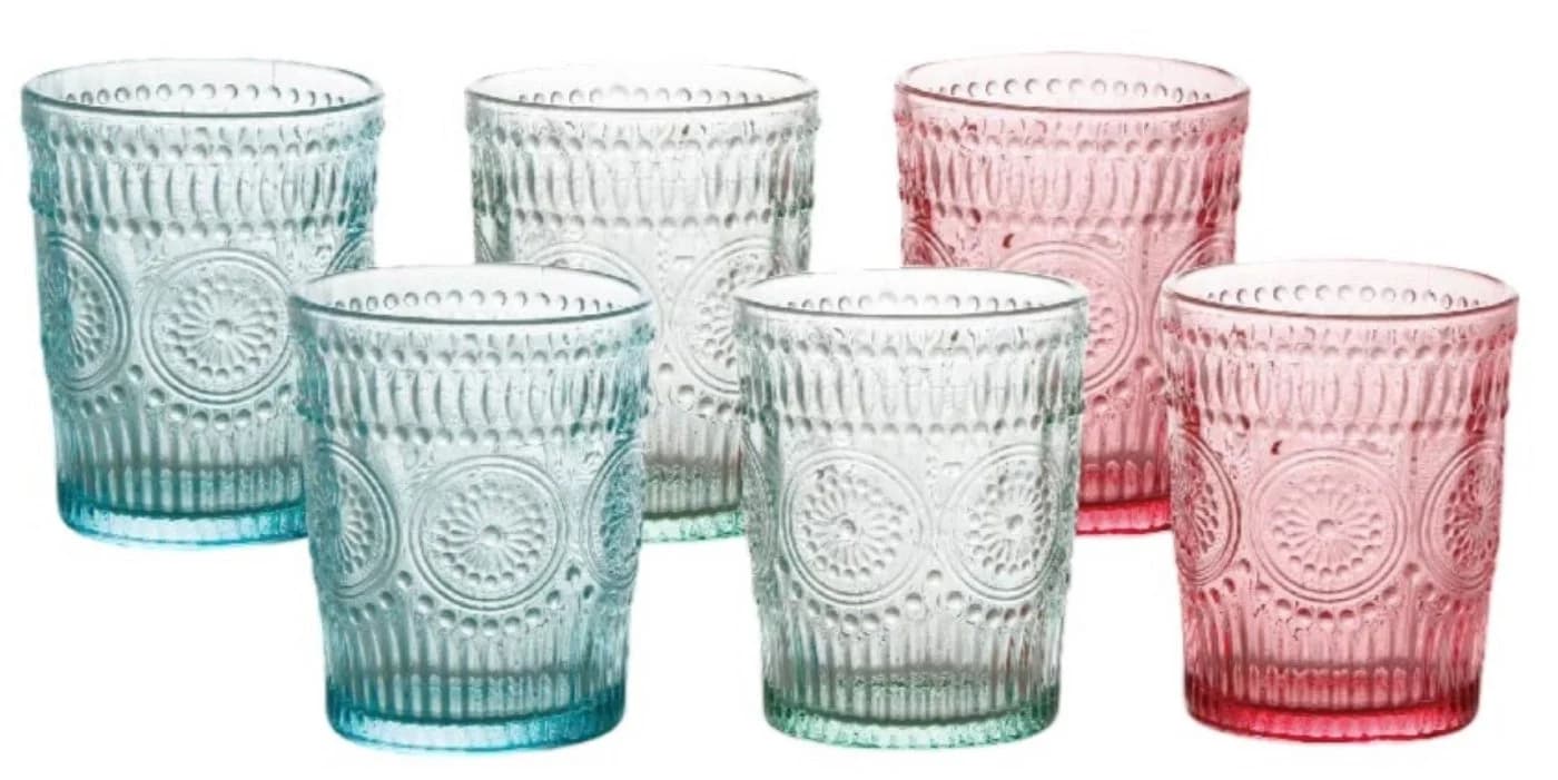 Cheffinger Gläser-Set 6er Vintage-Retro Design Trinkgläser 300ml Blau/Rot/Grün