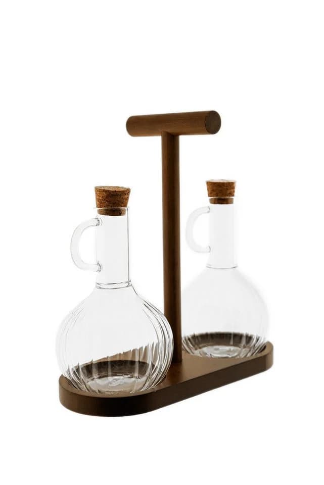 Mulex Öl- & Essigspender Set 2-tlg. mit Holzständer 320 ml Relief-Design Braun