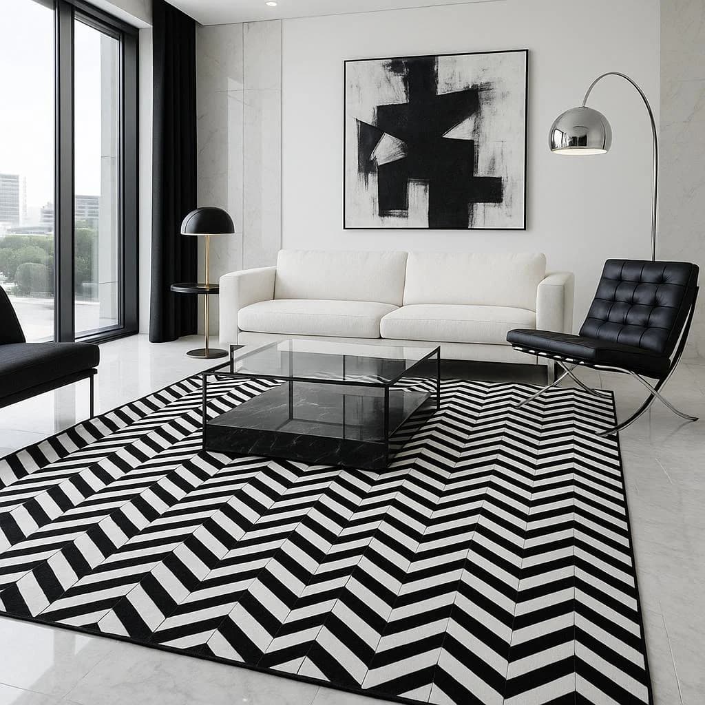 Fellteppich ZEBRA EDGE Echtes Kuhfell Schwarz-Weiß Chevron-Optik