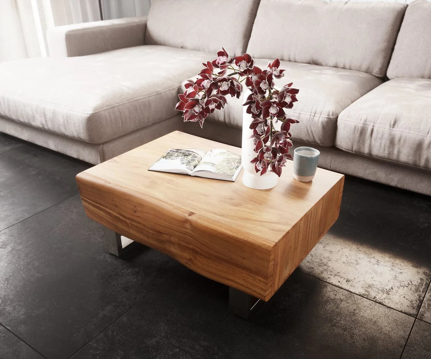 DELIFE Couchtisch New Live-Edge Akazie Natur 2 Schubladen Edelstahl