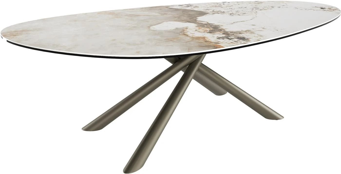 DELIFE Couchtisch Edge Oval Keramik Weiß-Beige Titan-Effektfinish