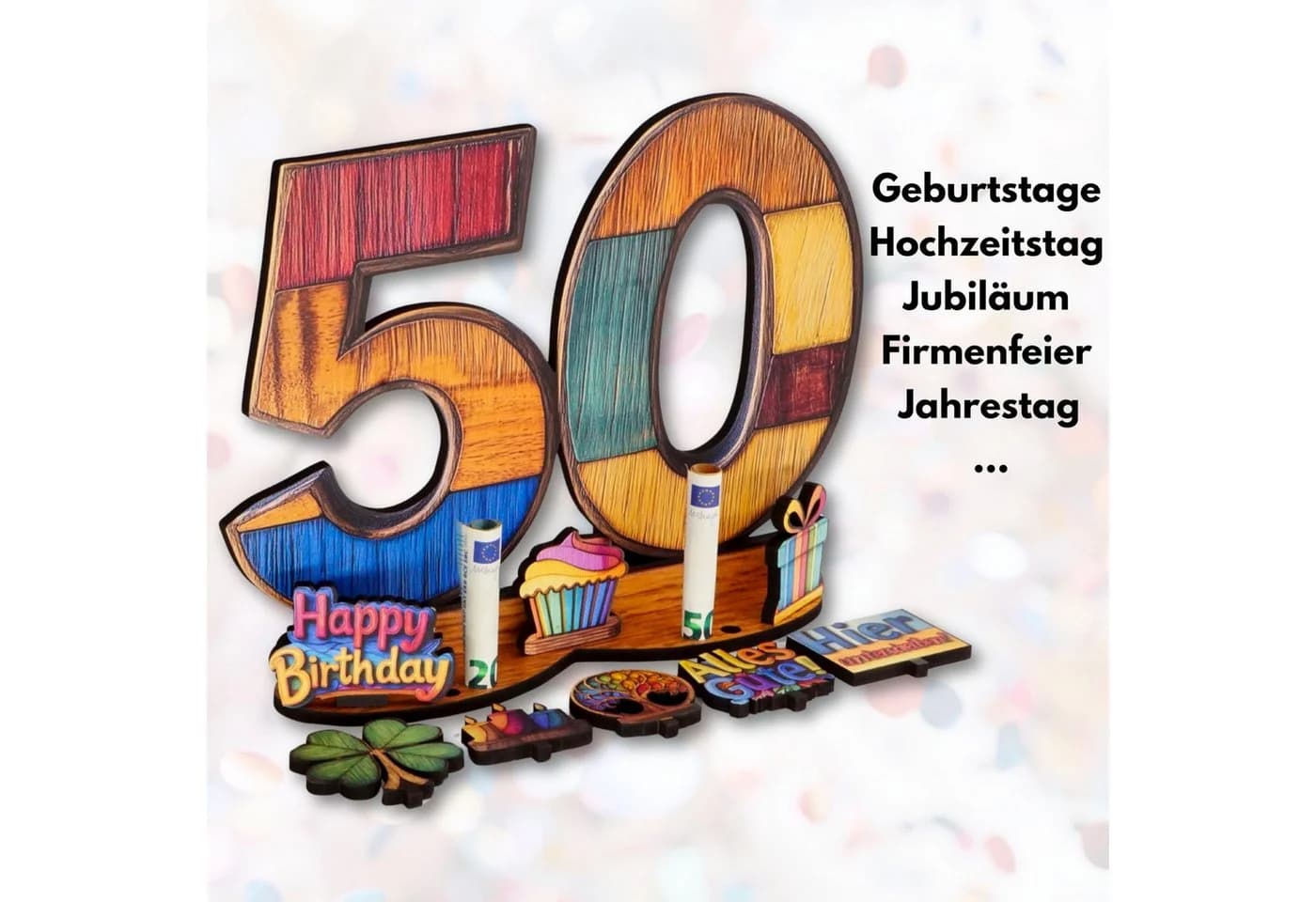 DARO Design Geldgeschenk Holzschild 50 Jahre mit Ständer