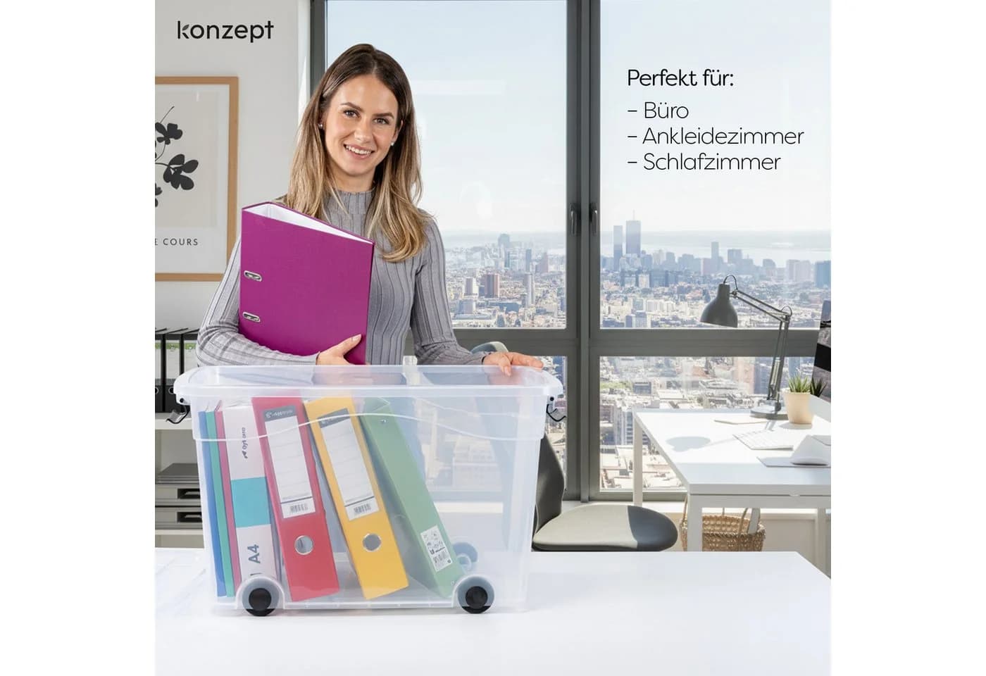 KONZEPT Aufbewahrungsbox Kunststoffbox 60L Transparent Stapelbox mit Rollen