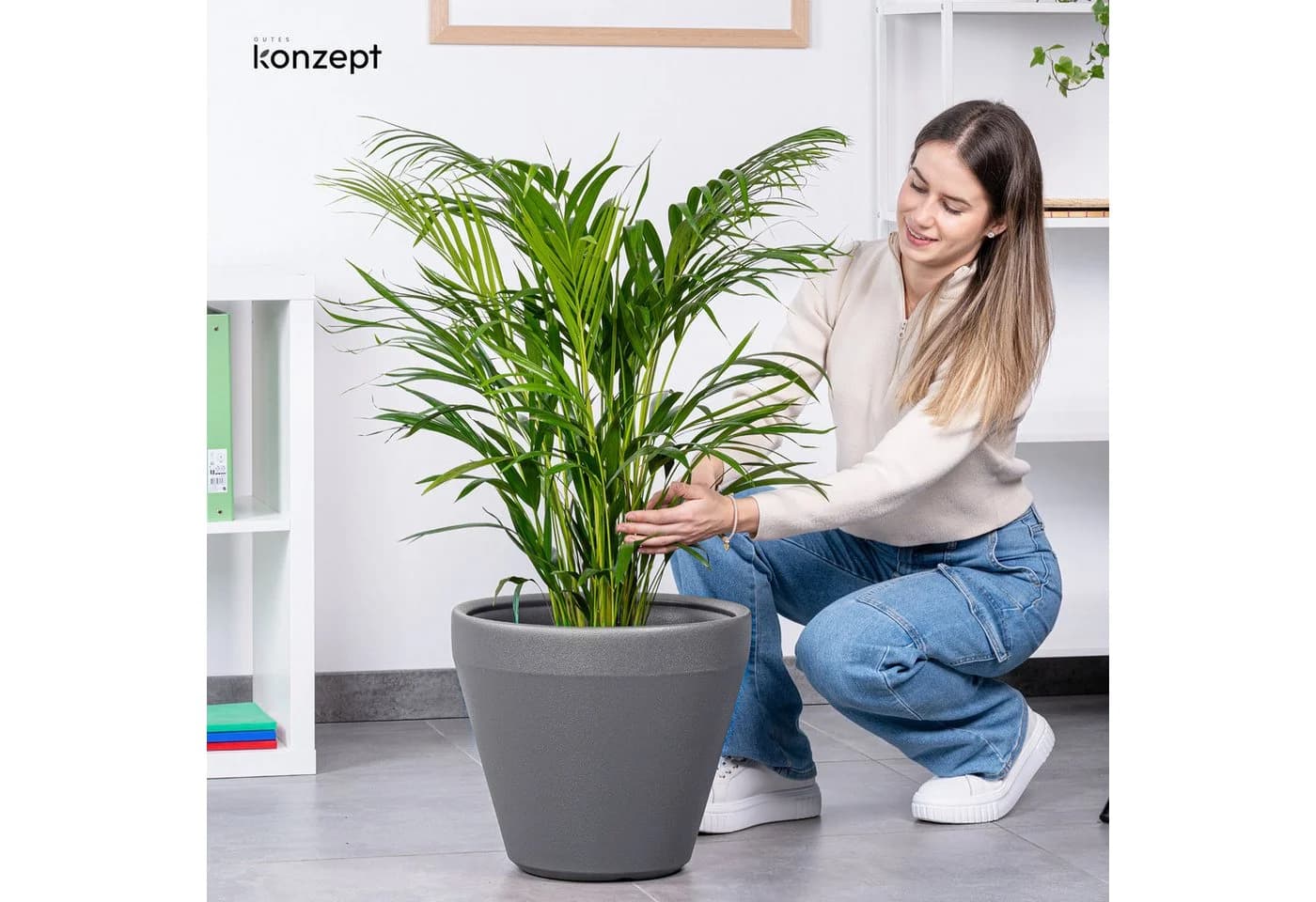 KONZEPT Übertopf 40 cm Grau Kunststoff Ton-Optik