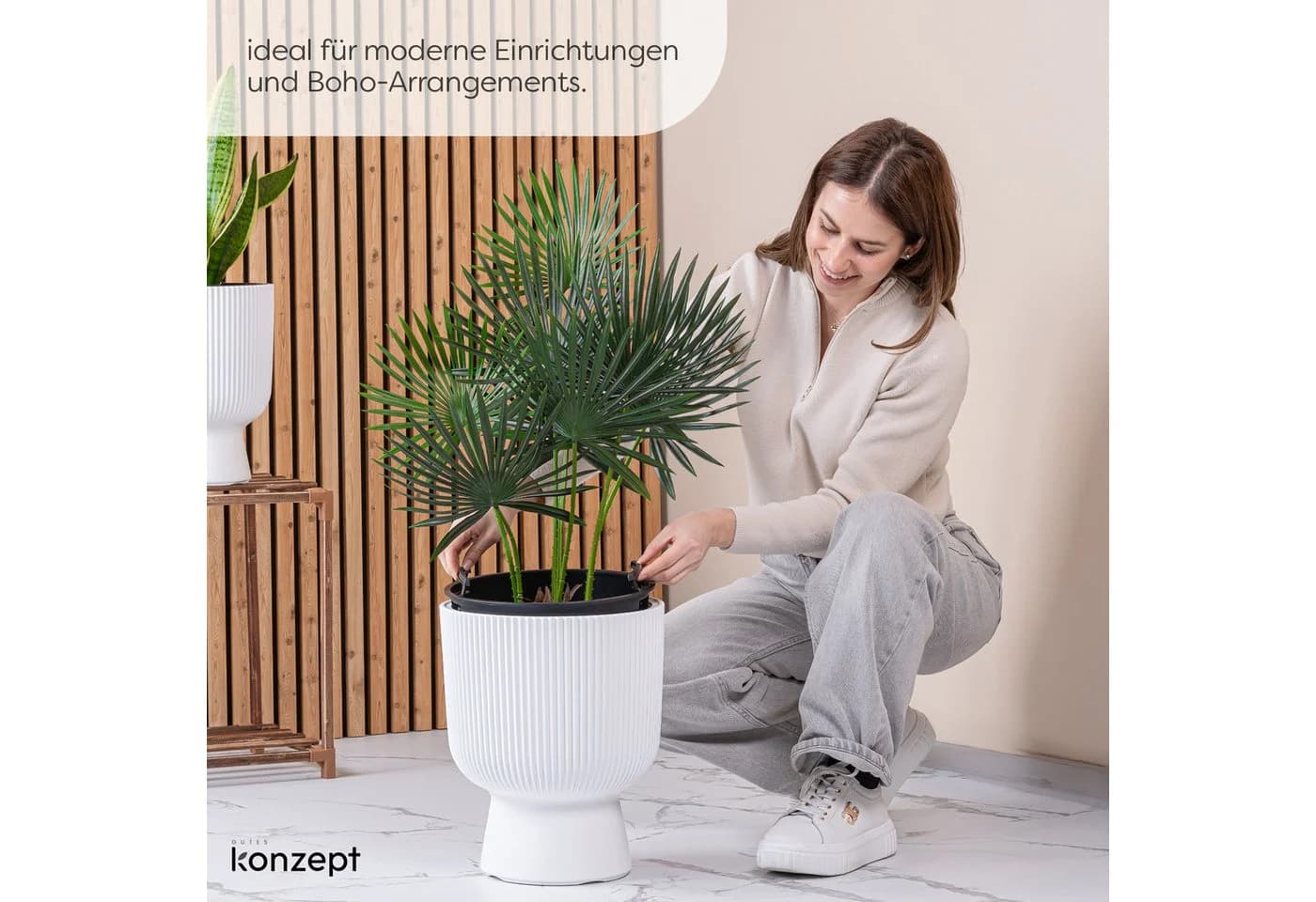 KONZEPT Blumentopf mit Einsatz, weiß, 30 cm, 18L, Rippen-Optik