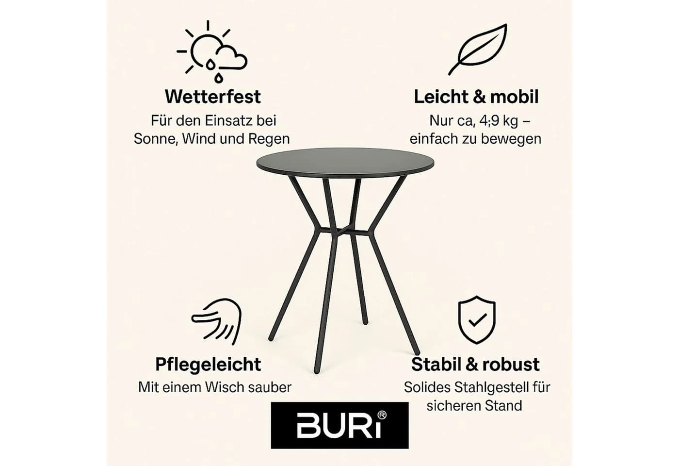 BURI Gartentisch Bistrotisch rund 70x60cm schwarz