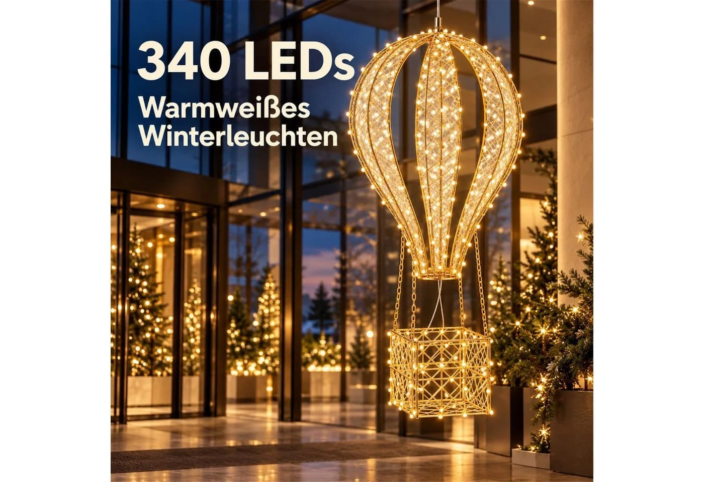 BURI LED-Heißluftballon Dekofigur 90cm Gold 340 LEDs warmweiß Timer