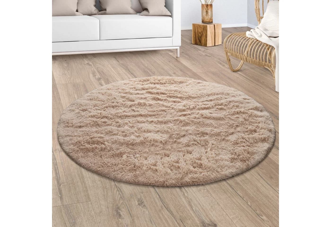 KADIMA DESIGN Shaggy Teppich Rund Beige Hochflor Waschbar