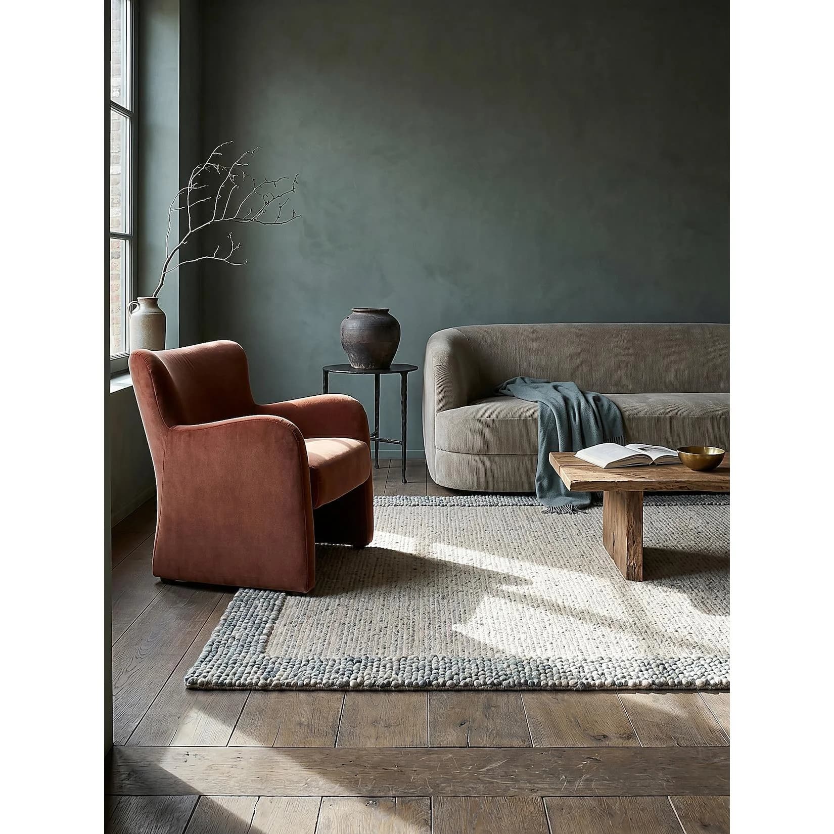 Kadima Design Wohnzimmerteppich MOAT Blau-Natur Wollmischung Bommel-Bordüre