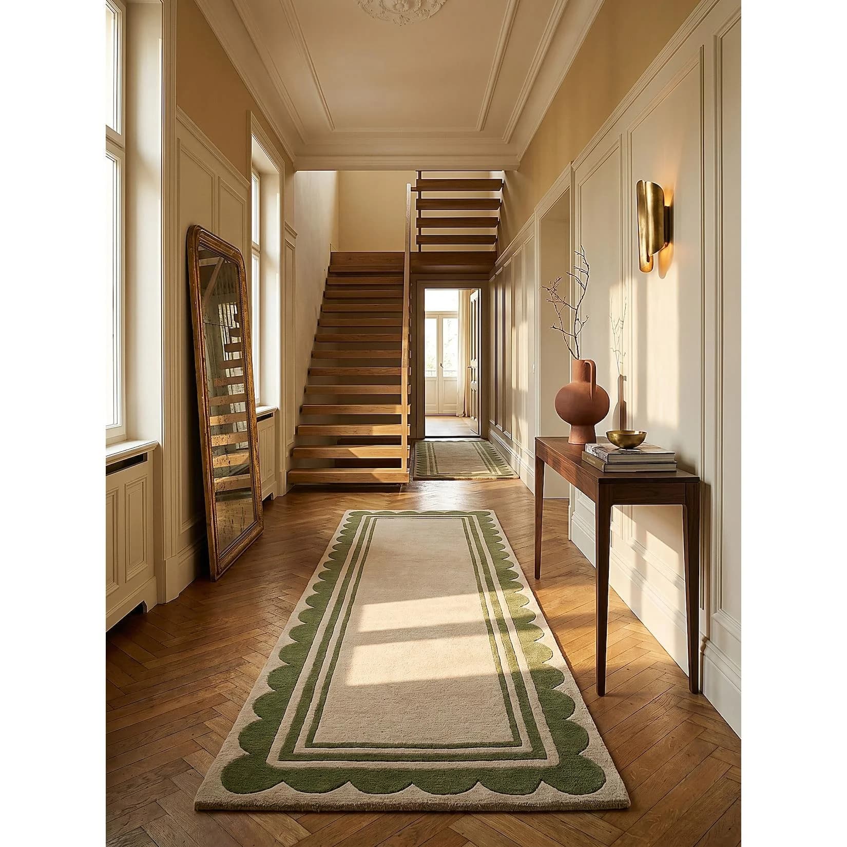 Kadima Design Teppich-Läufer WENSUM Grün-Beige Wolle Kurzflor