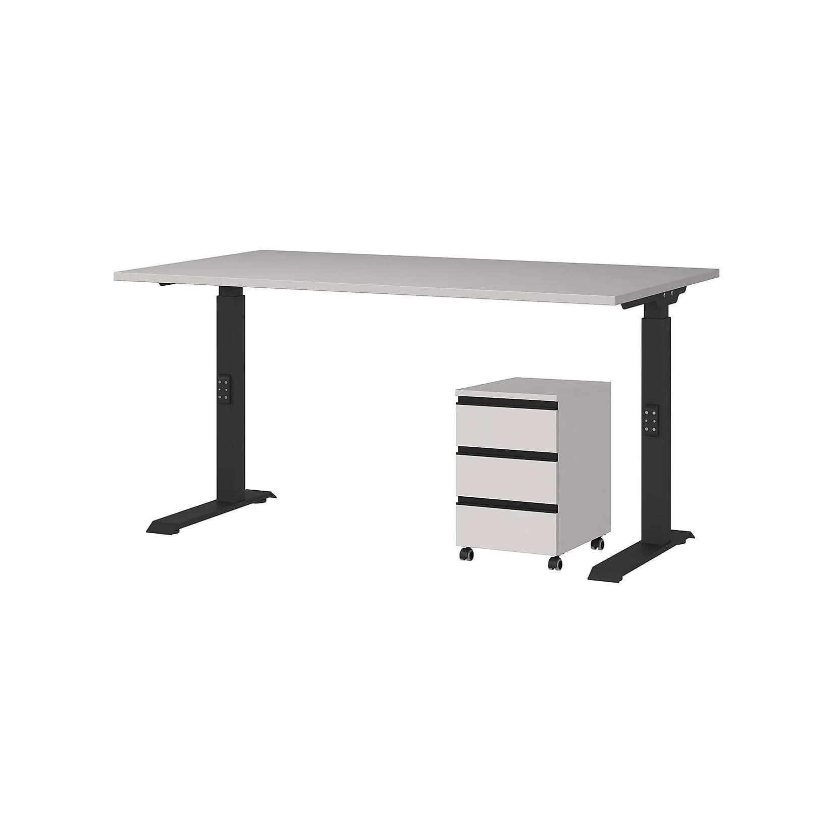 Kadima Design Büro Set 2-teilig Schreibtisch 140x80cm & Rollcontainer Greige/Schwarz Einstellbar 68-91cm Soft-Close