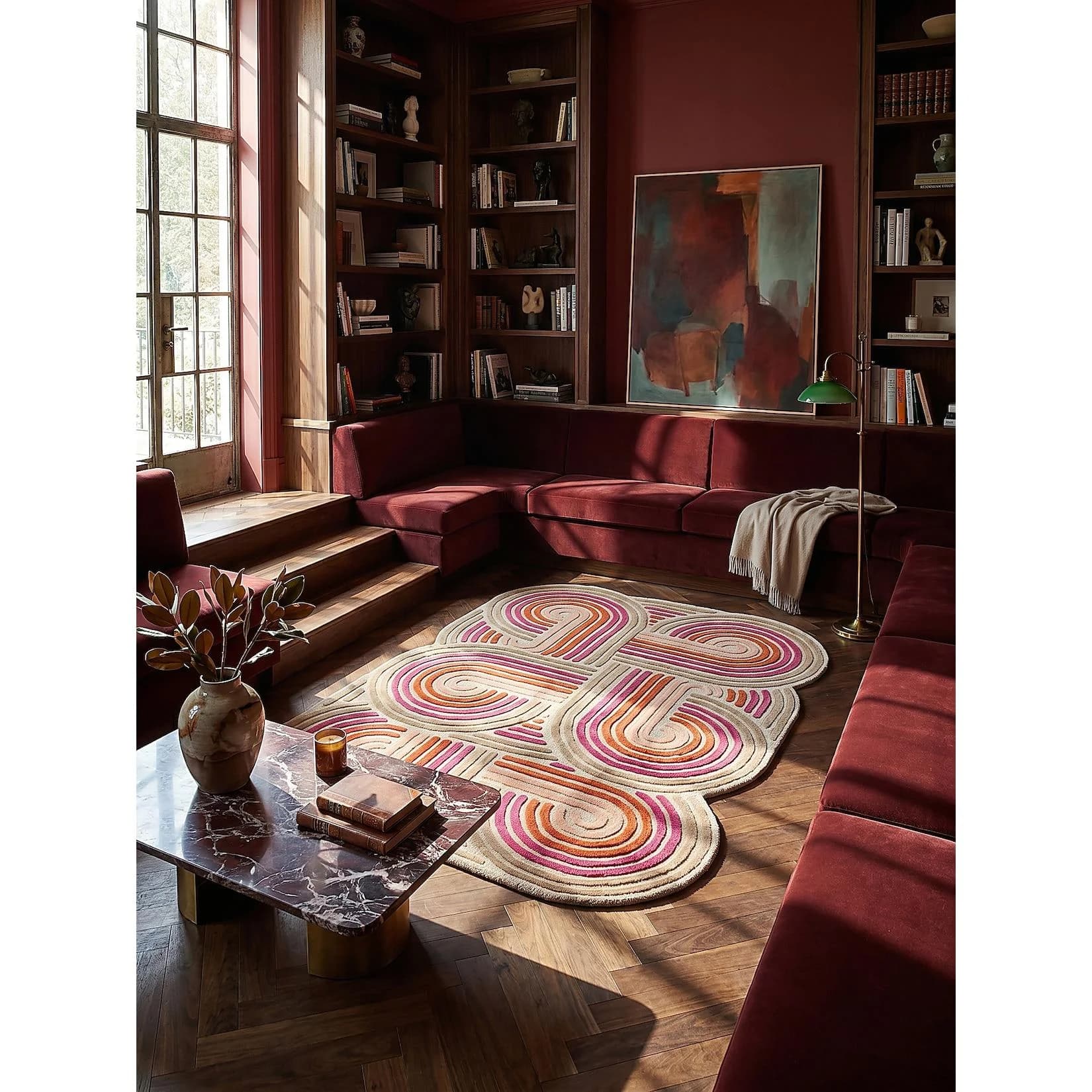 Kadima Design Teppich SOAR Rosa Retro Spiral Wolle Handgetuftet
