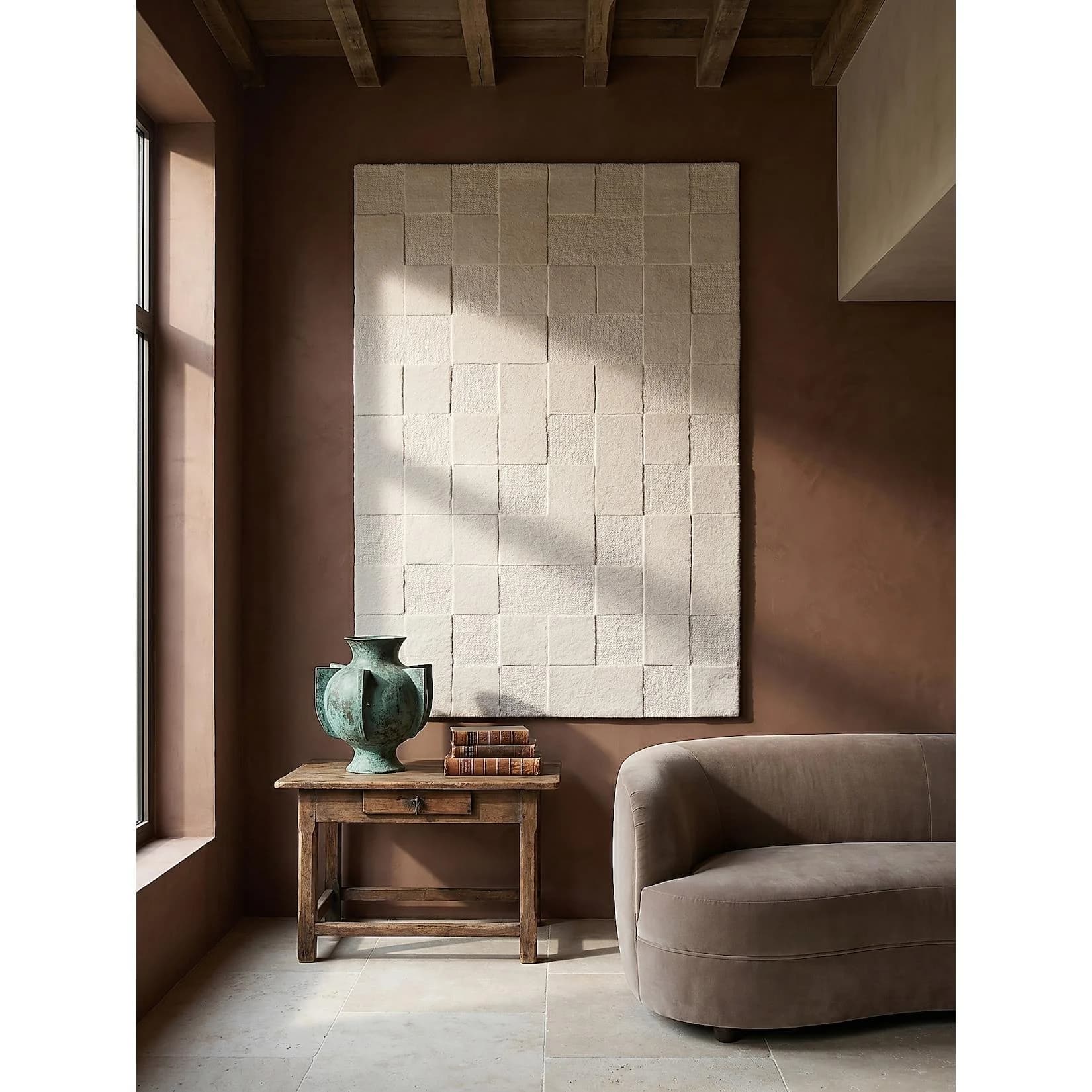 Kadima Design Wollteppich DEBEN Schachbrett Elfenbein Handgetuftet