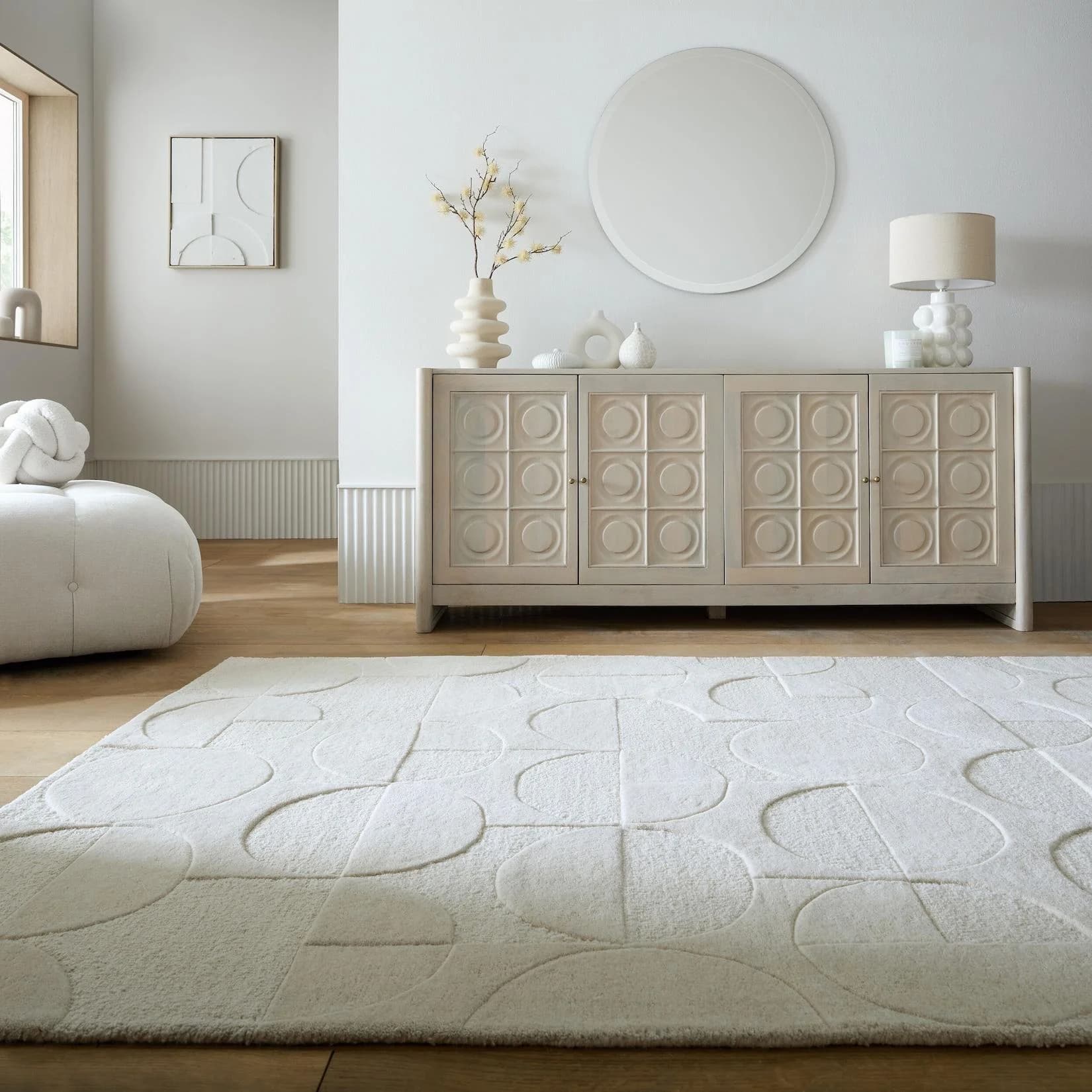 KADIMA DESIGN DEBEN Wollteppich Kreis-Relief Elfenbein