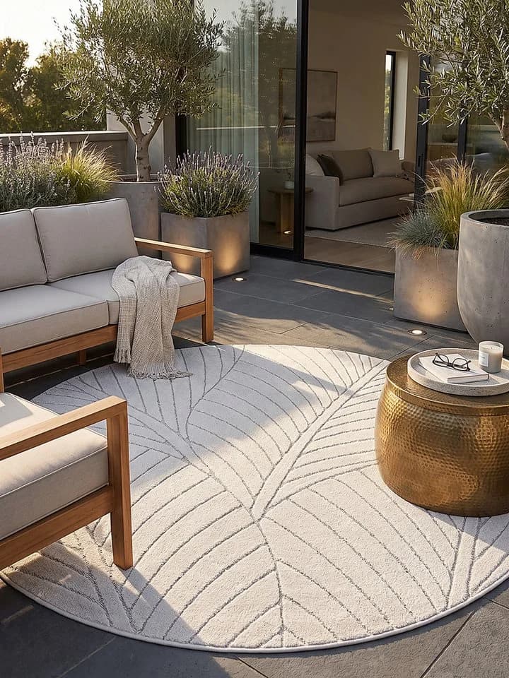 KADIMA DESIGN Outdoorteppich ENGADIN Rund Creme Blattmotiv