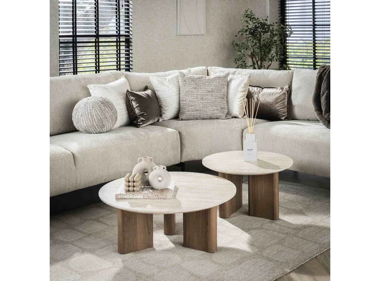 Feeling4Home Couchtisch 2er-Set Joradis Keramik Travertin-Optik Rund