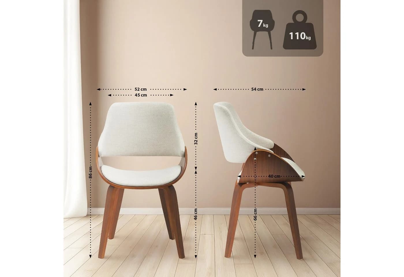 PROREGAL® Esszimmerstuhl MINNEAPOLIS 2er Set Creme/Walnuss Bugholz
