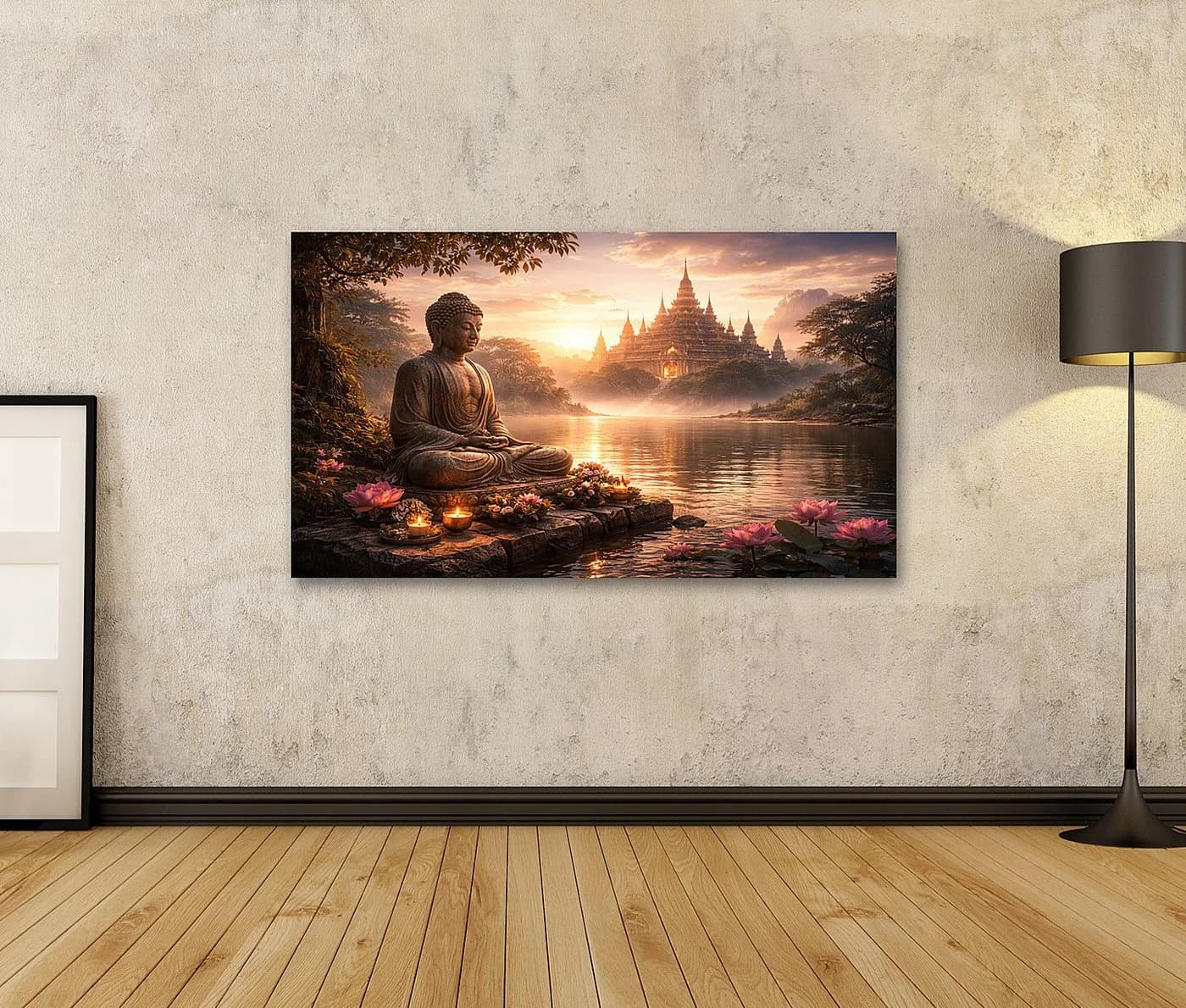 islandburner Leinwandbild Buddha Statue am See mit Lotusblumen und Tempel