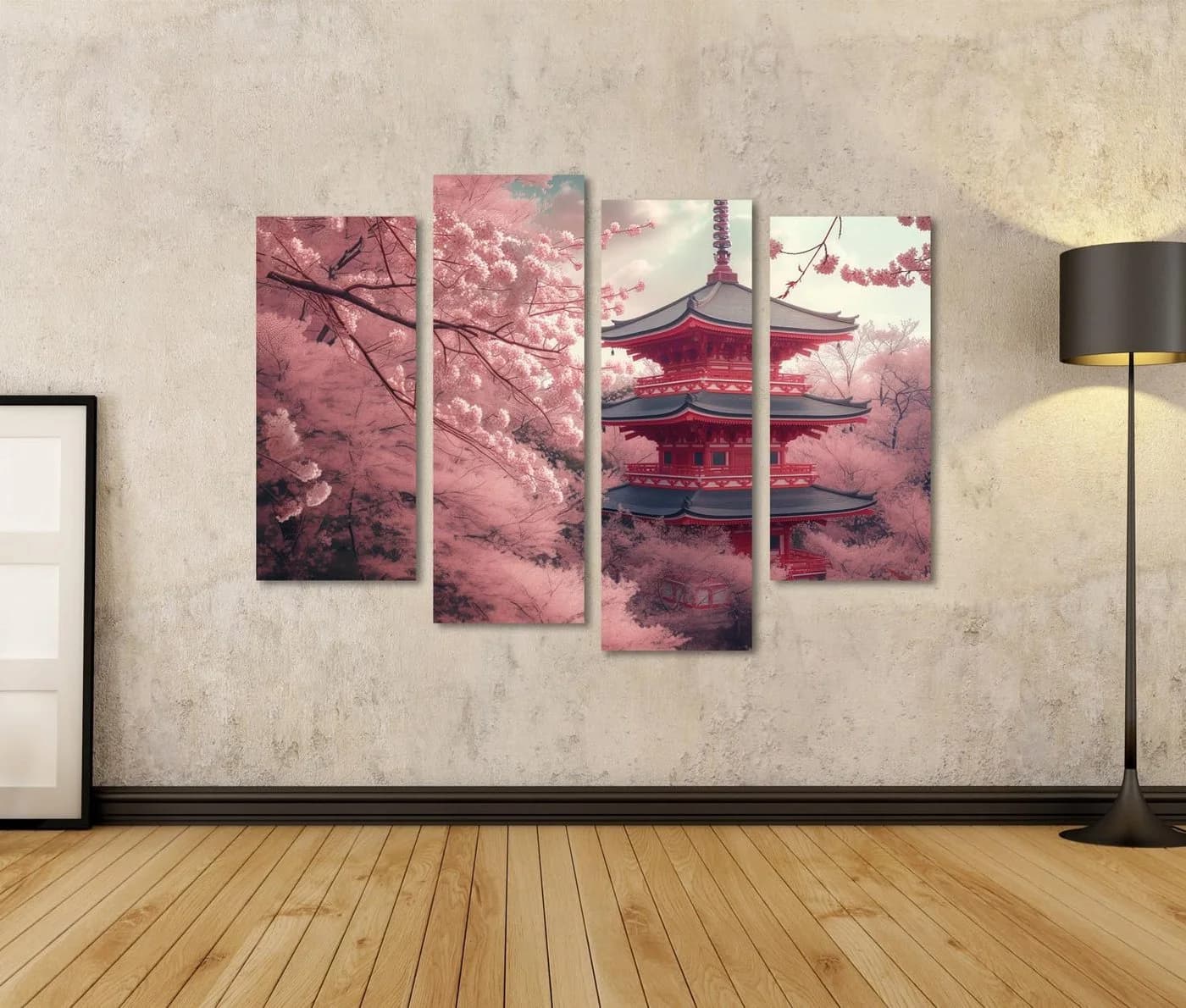 islandburner Leinwandbild Kirschblüten Rote Pagode Japan 4-teilig