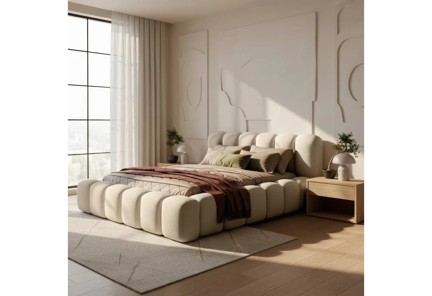 thematys Polsterbett mit Bettkasten 200x200cm Bouclé-Stoff