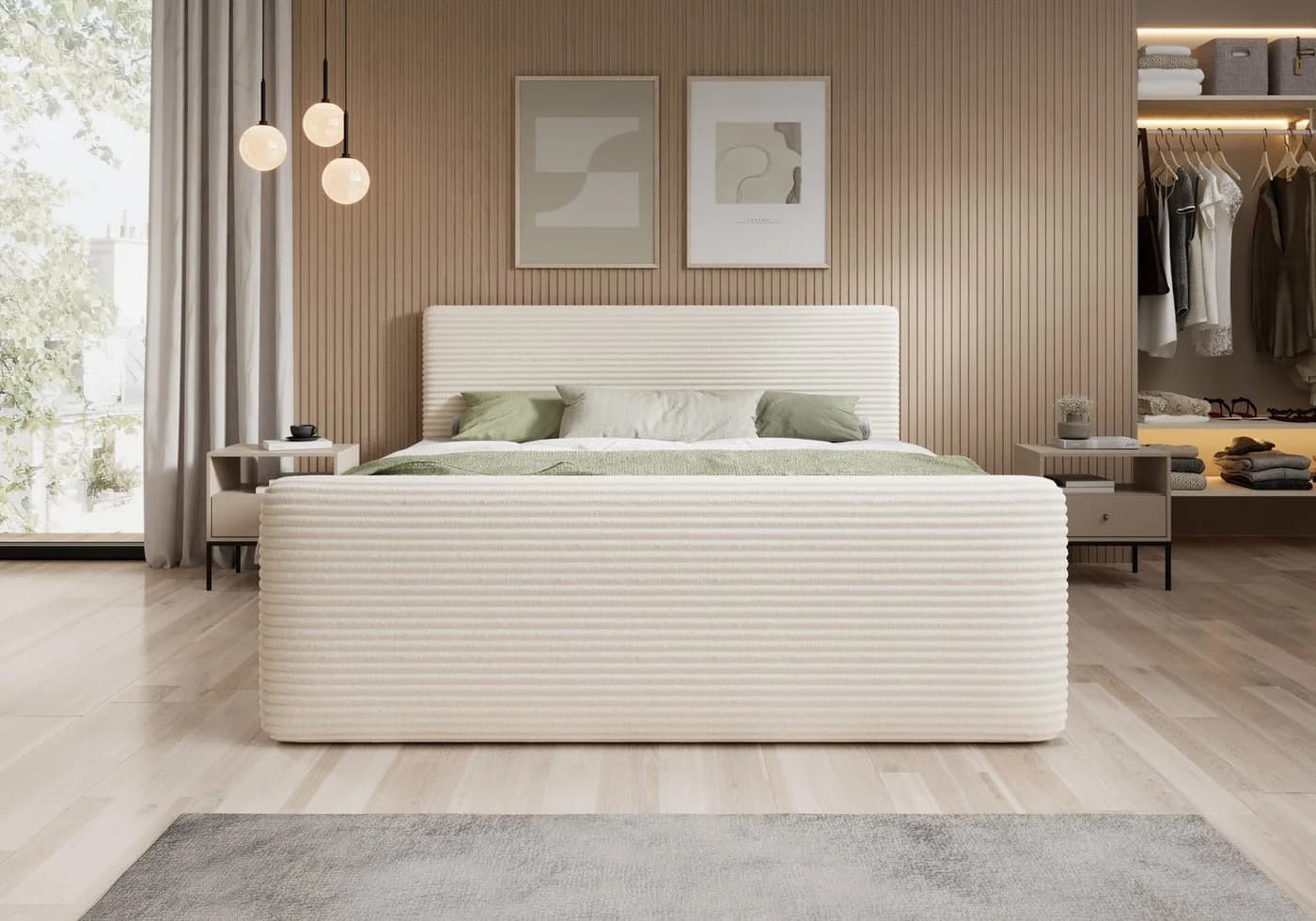thematys Boxspringbett Cord mit Bettkasten beige