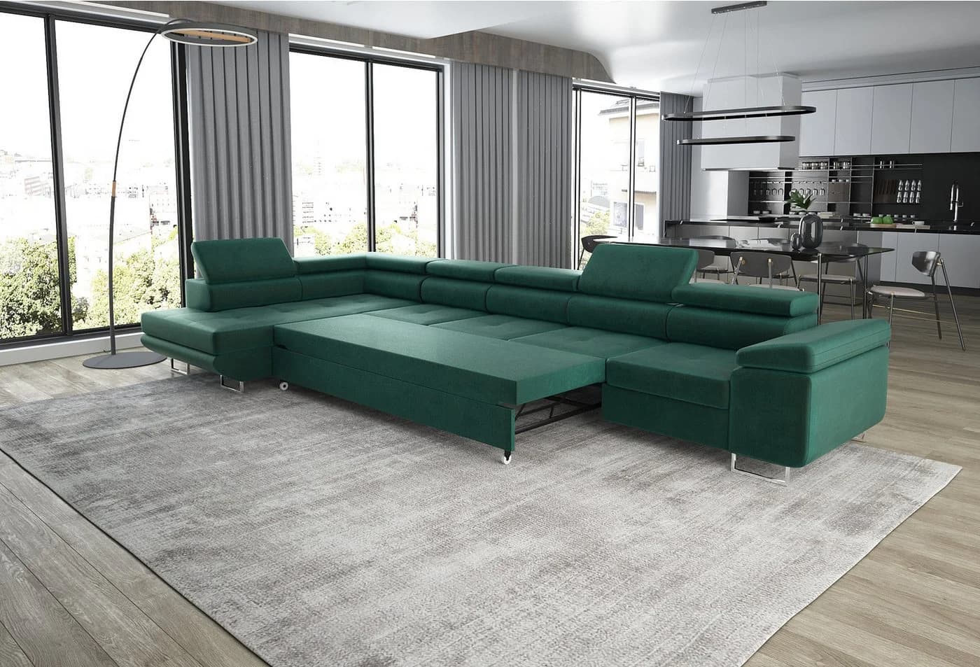 thematys Ecksofa ASTON MAXI mit Schlaffunktion & Bettkasten grau