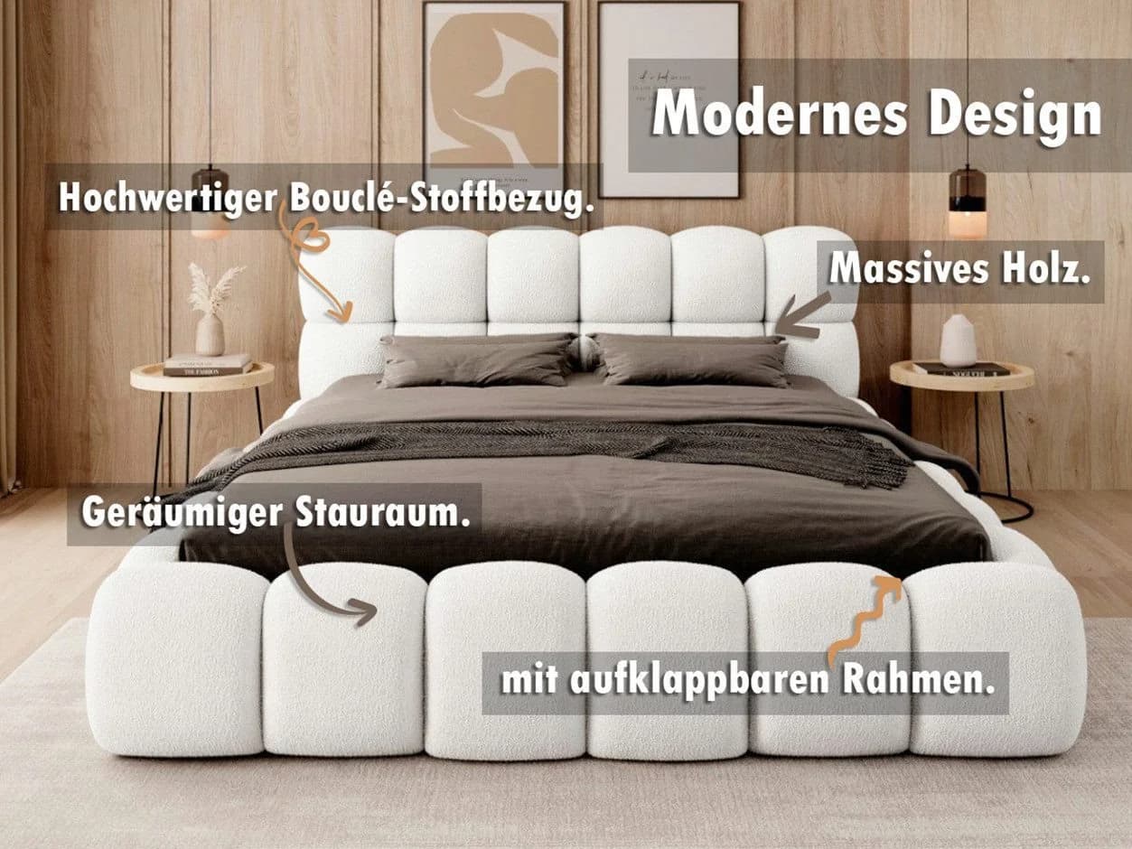 thematys Polsterbett mit Bettkasten Bouclé Weiß/Beige