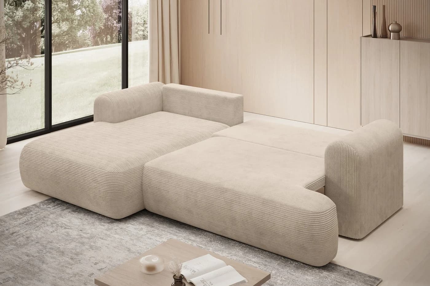 thematys Ecksofa MODO L-Form mit Schlaffunktion Beige Cord