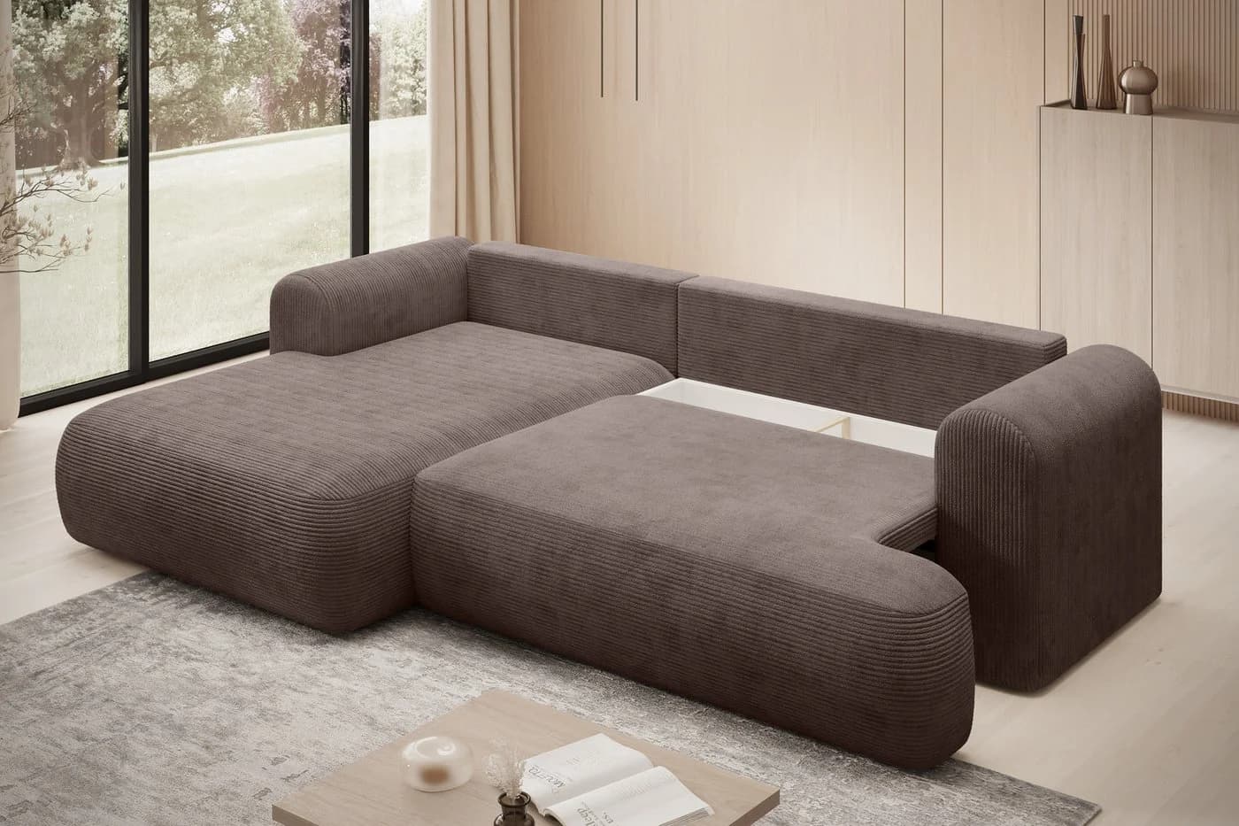 thematys Ecksofa MODO L-Form mit Schlaffunktion und Bettkasten Braun