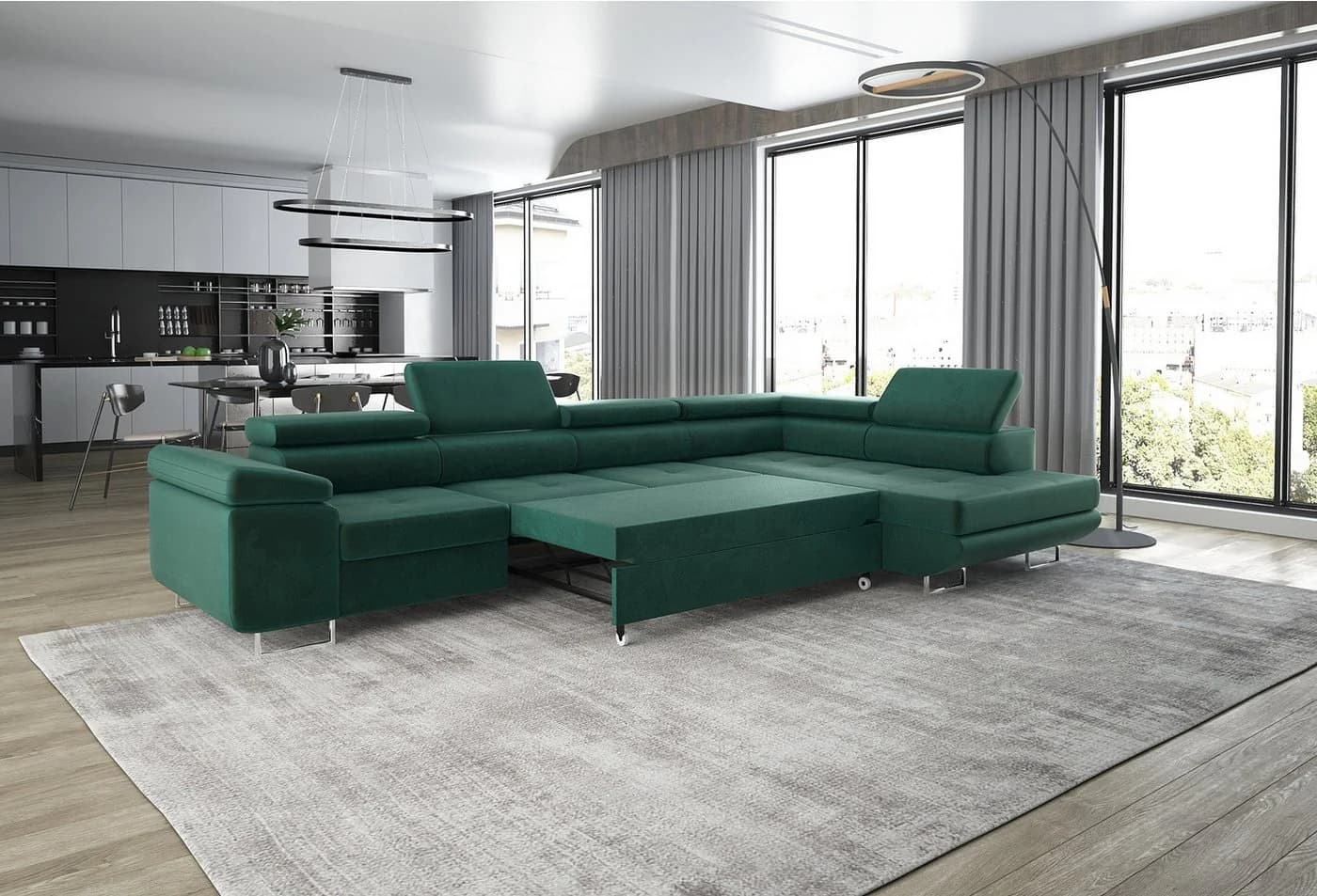 thematys Ecksofa ASTON LONG Samt Grau mit Schlaffunktion & Bettkasten