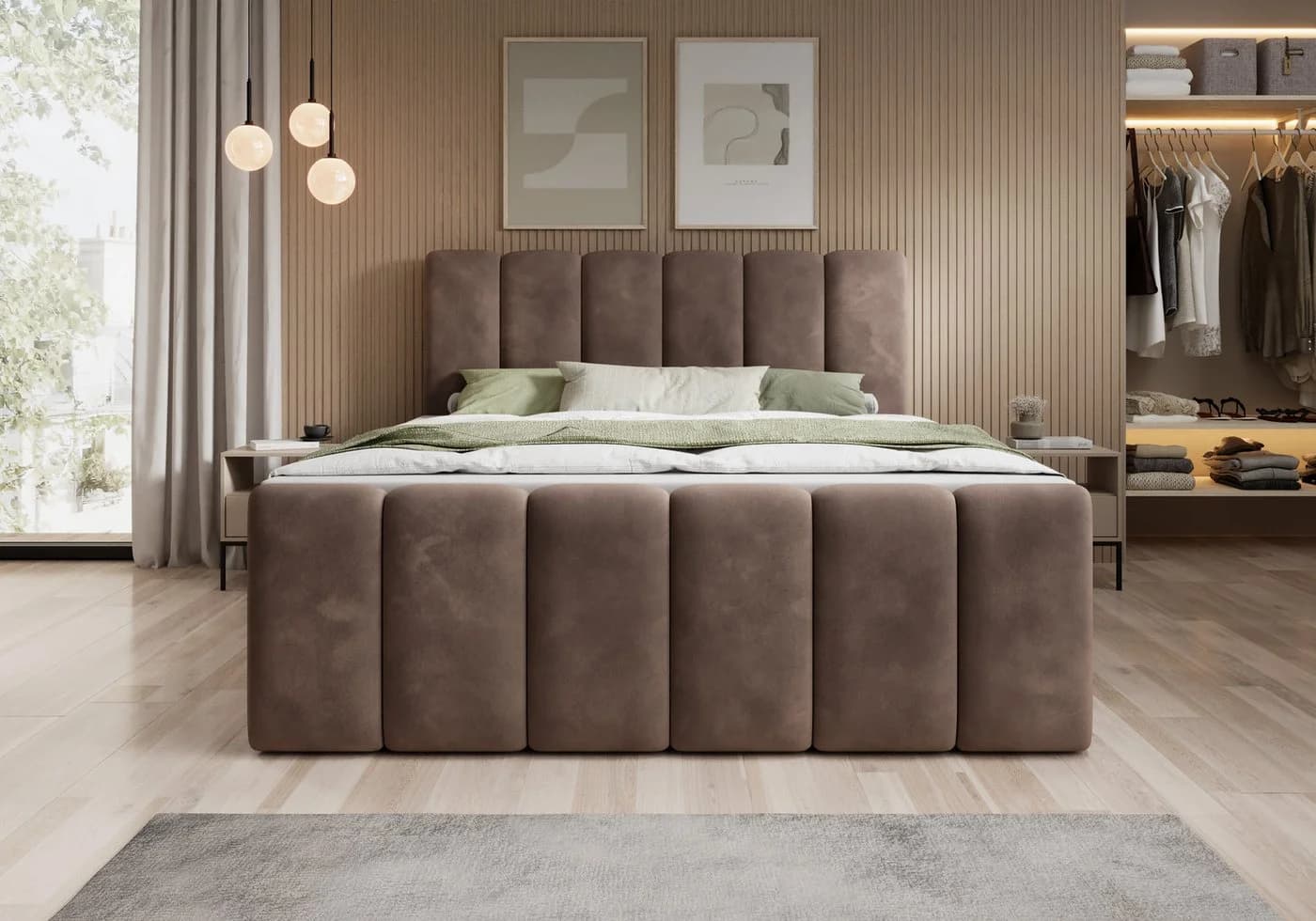 thematys Boxbett mit Bettkasten Velours/Bouclé H3 Matratze Topper