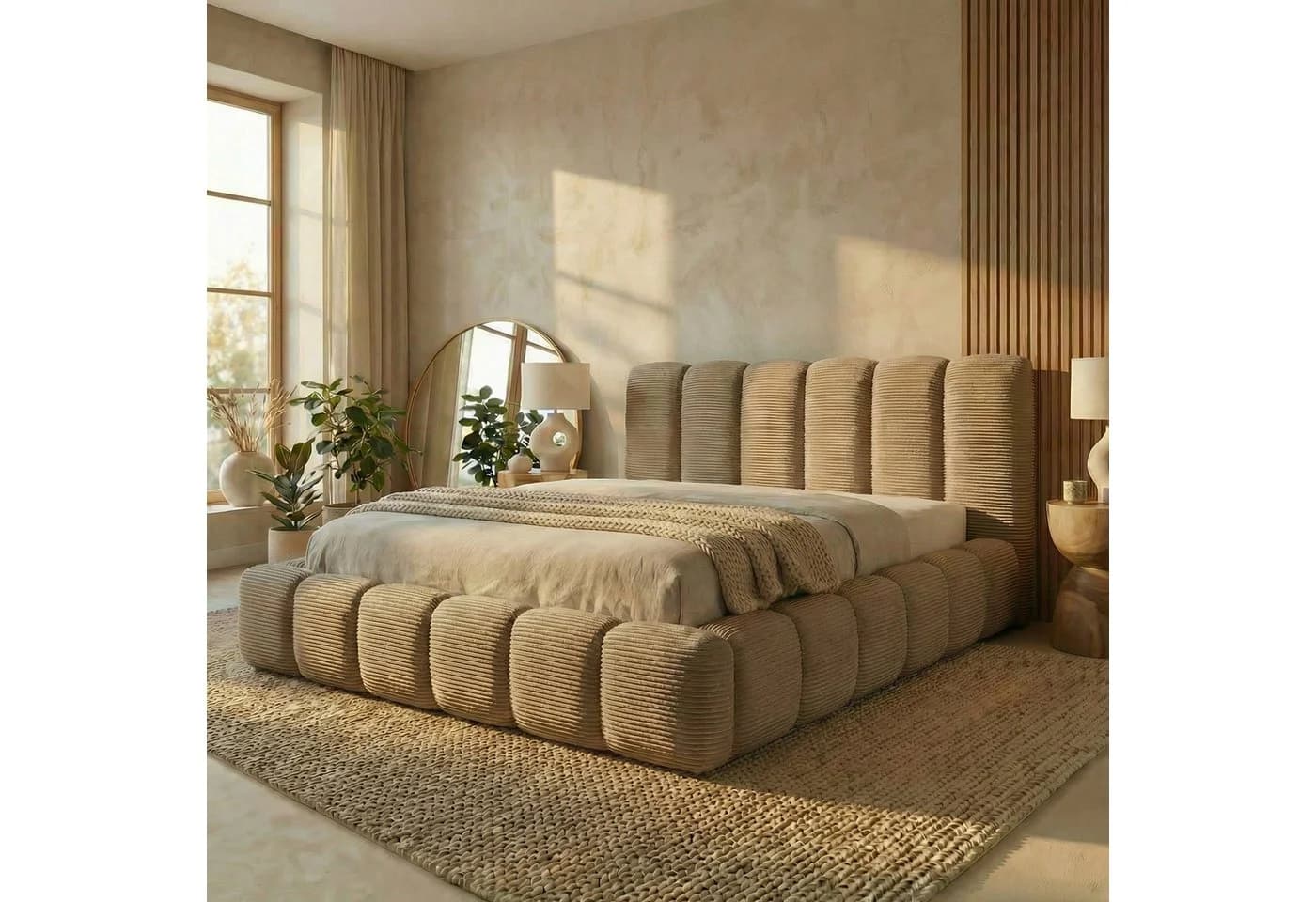 thematys Polsterbett DENVER-slim mit Bettkasten und Lattenrost in Latte