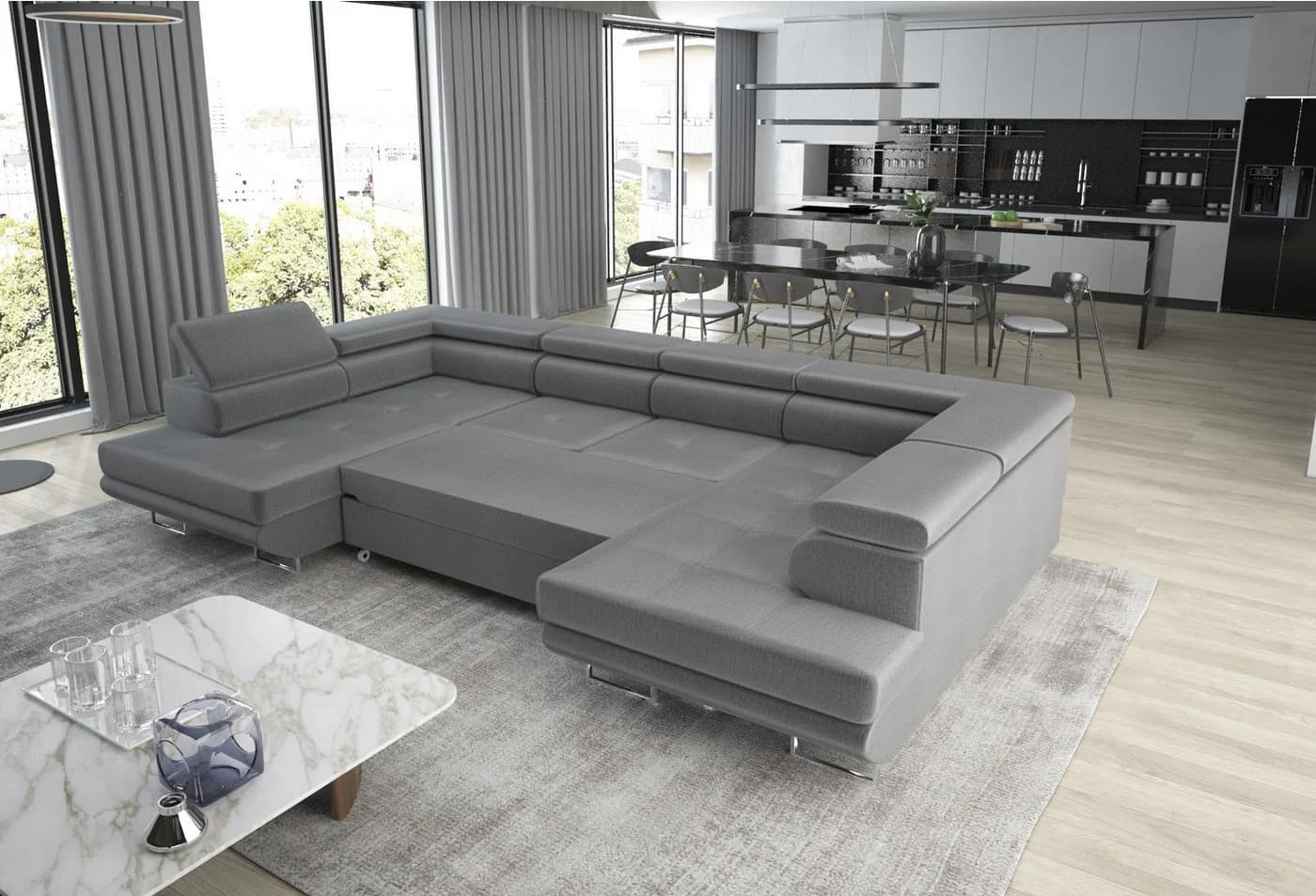 thematys Ecksofa Aston U 403x203cm mit Schlaffunktion & Bettkasten beige