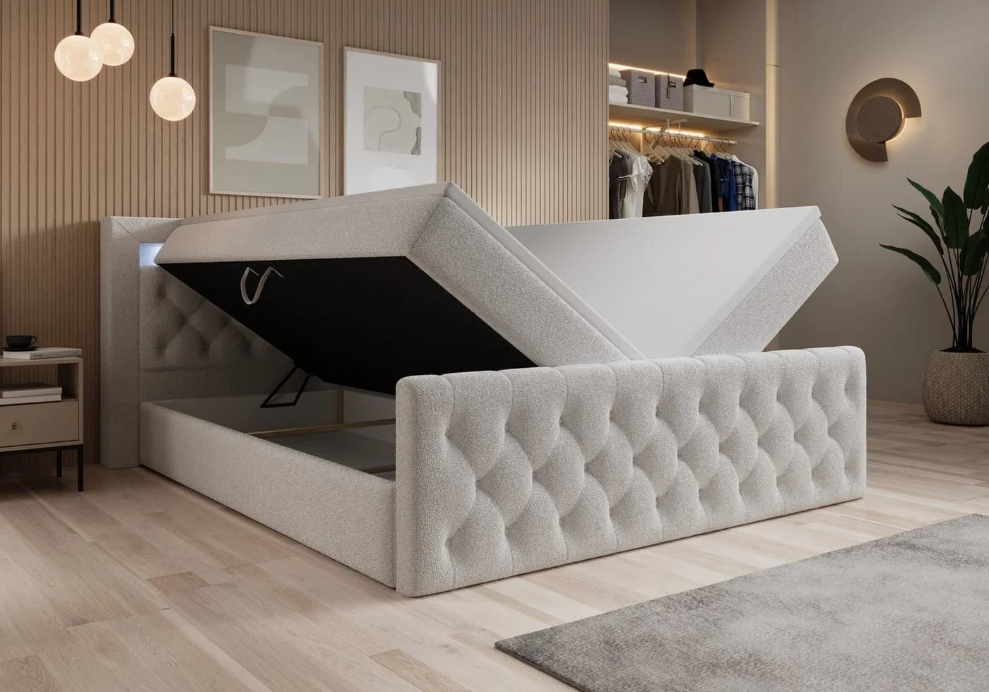 thematys Boxbett LED mit Bettkasten Velours/Bouclé Matratze H3